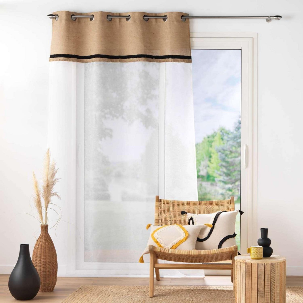 Douceur d'Intérieur Voilage à œillets EBRO - Voile sablé avec top en jute - 140 x 240 cm - Ecru et noir