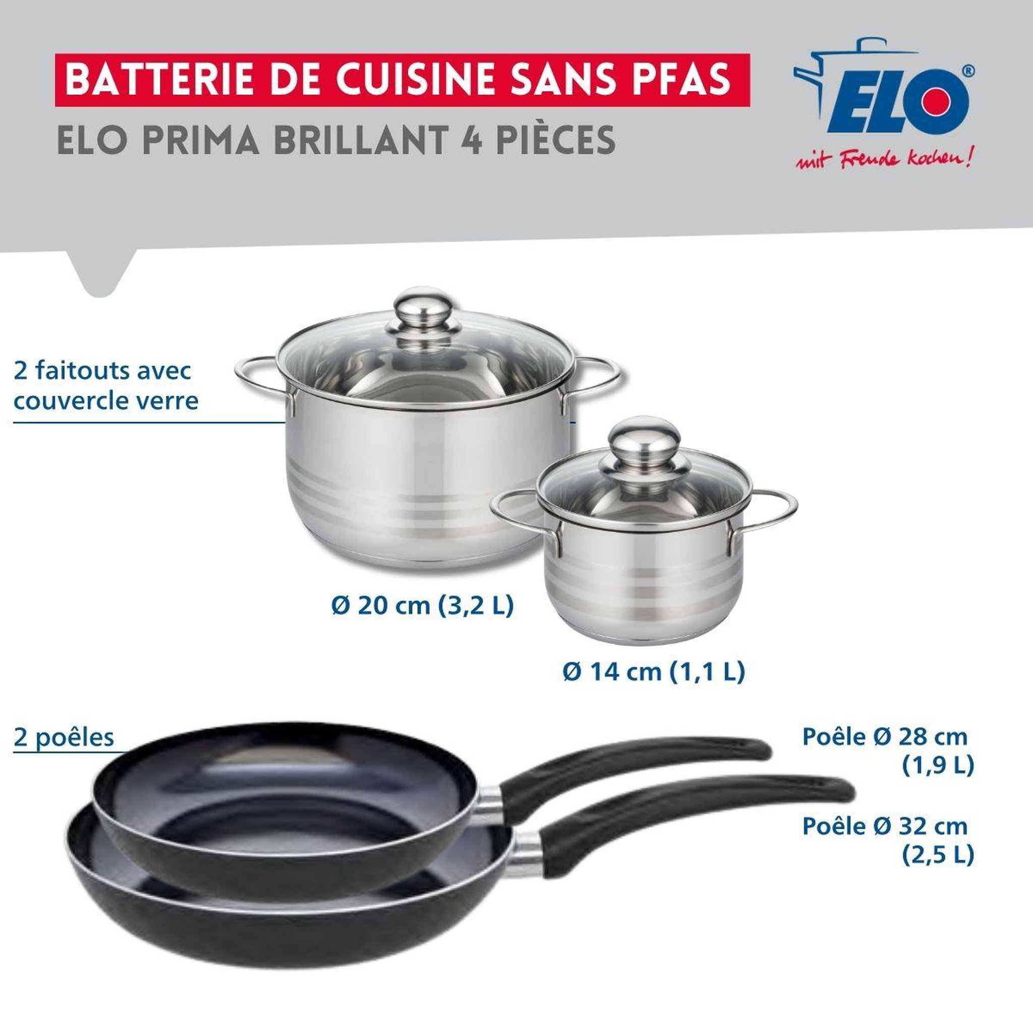 Voir la diapositive 2 : ELO Ensemble de 2 poêles de cuisson 28 et 32 cm et 2 faitouts 14 et 20 cm elo prima brillant