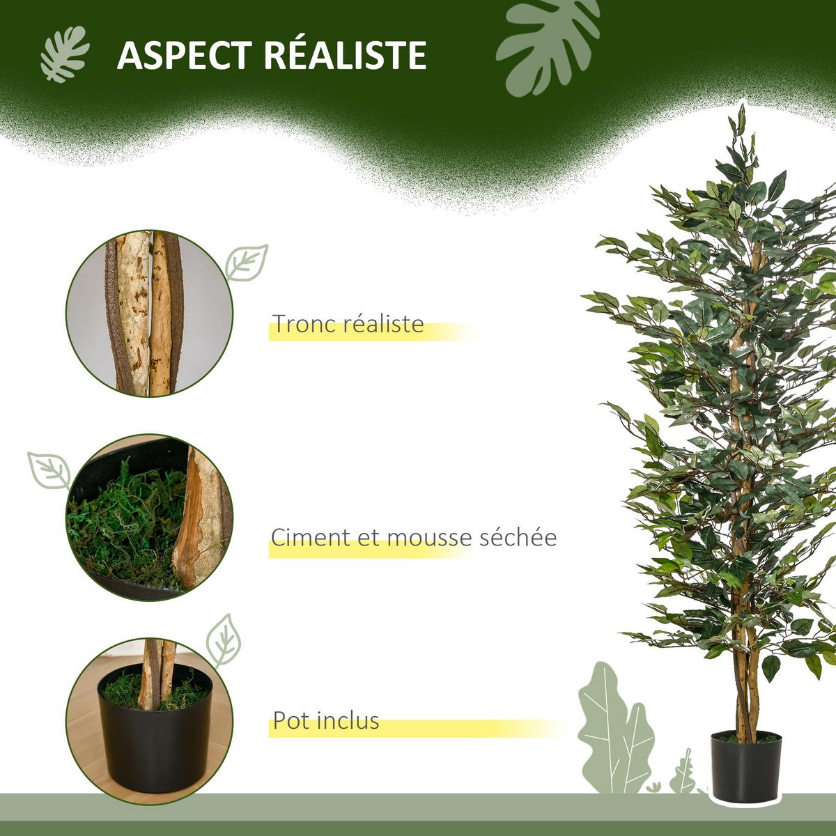 HOMCOM Arbre artificiel plante artificiel ficus hauteur 1,5 m tronc branches liane lichen feuilles grand réalisme pot inclus