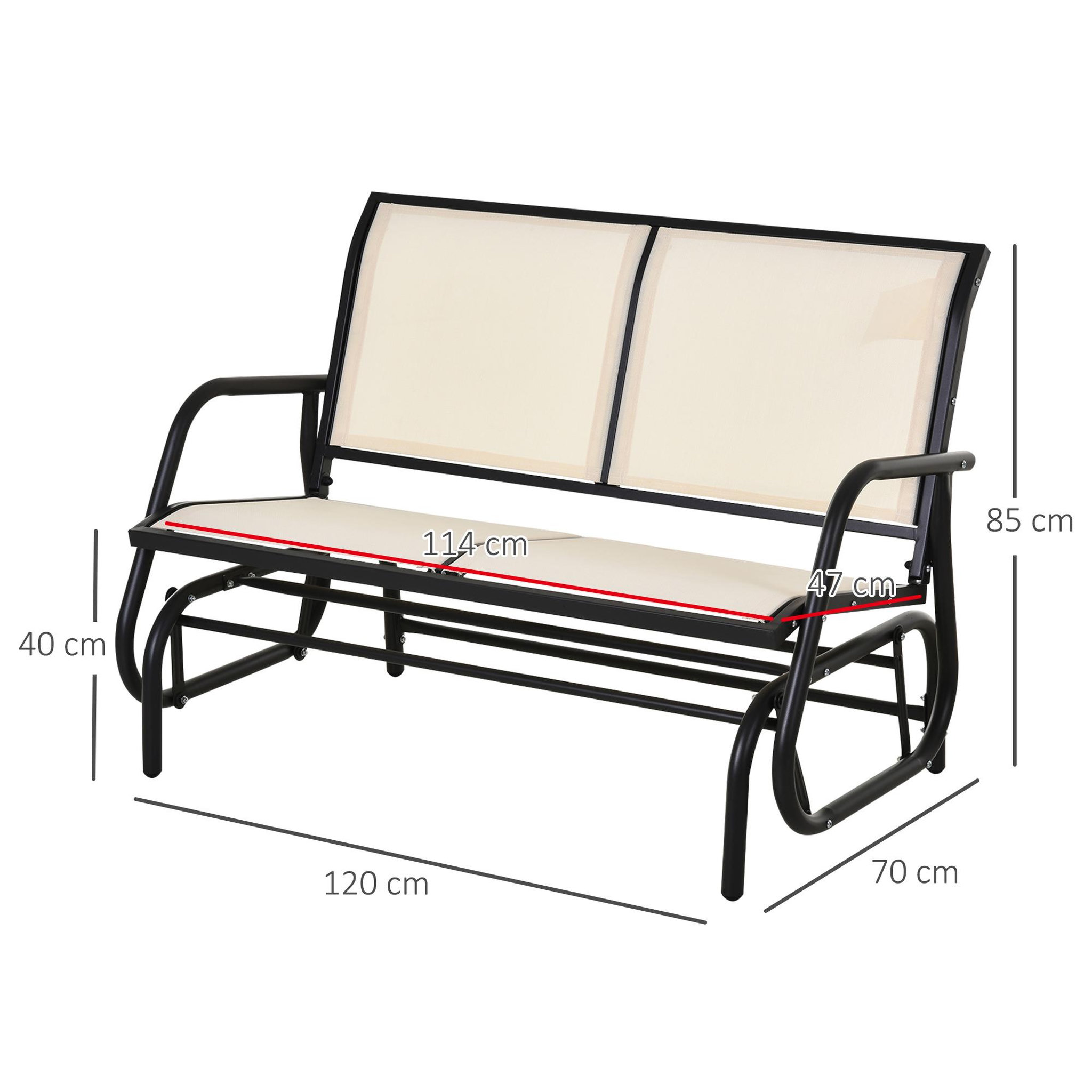 Voir la diapositive 3 : OUTSUNNY Banc à bascule de jardin 2 places design contemporain grand confort accoudoirs assise et dossier ergonomique acier textilène beige