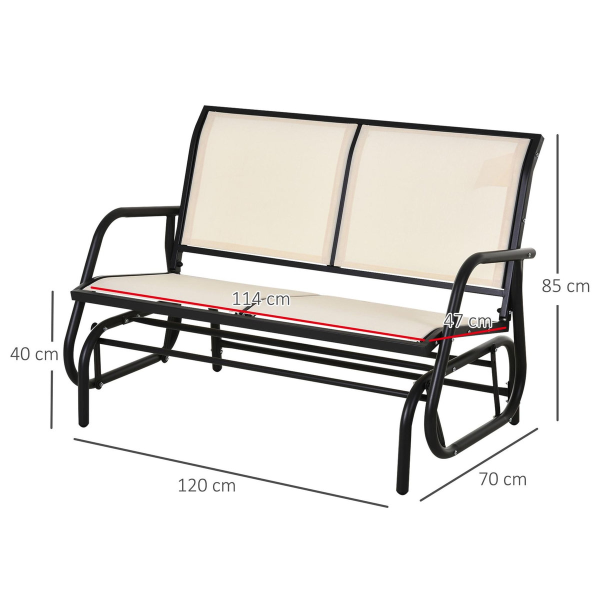 OUTSUNNY Banc à bascule de jardin 2 places design contemporain grand confort accoudoirs assise et dossier ergonomique acier textilène beige