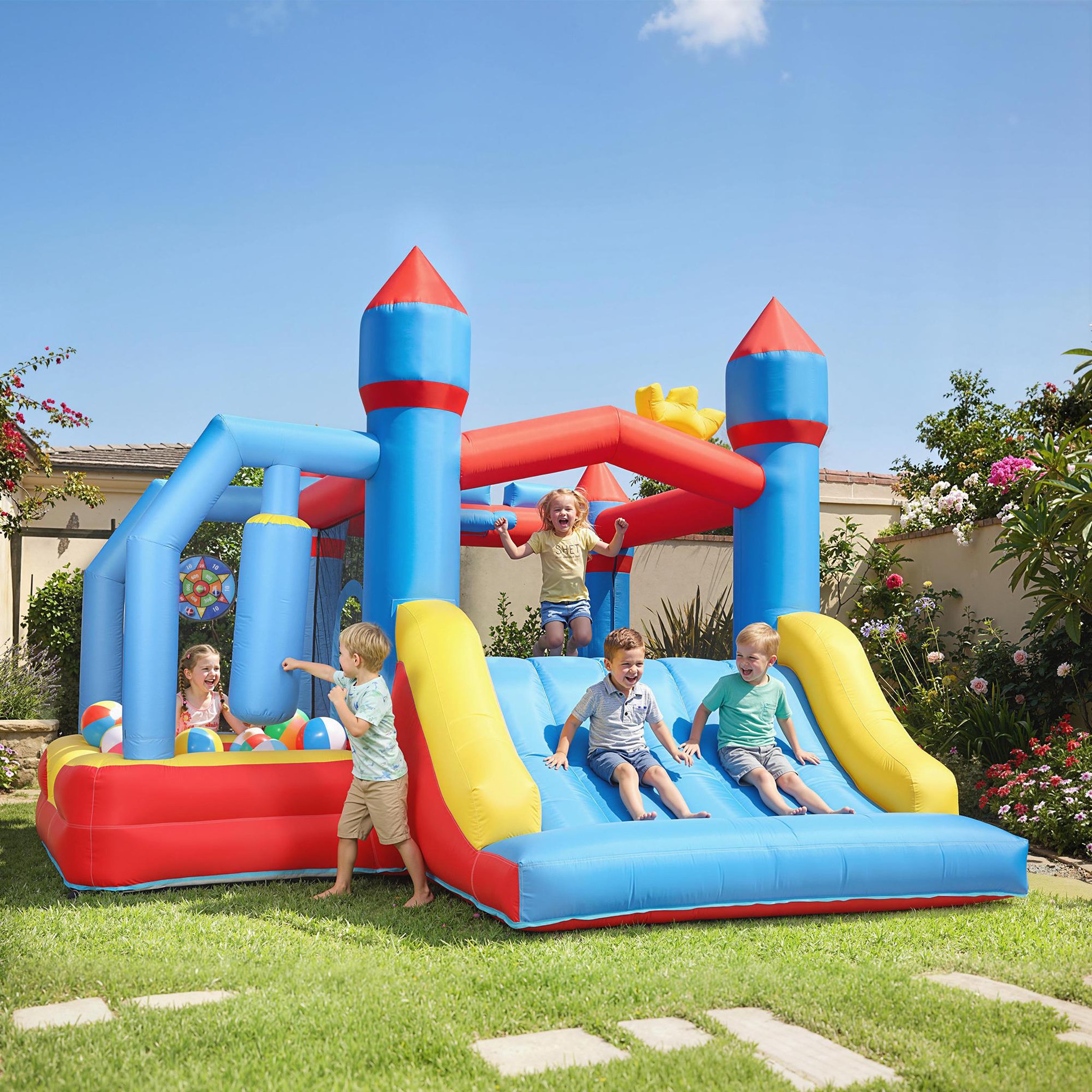 Voir la diapositive 6 : HOMCOM Château gonflable 5 en 1 piscine toboggan trampoline panier de basket sac de frappe