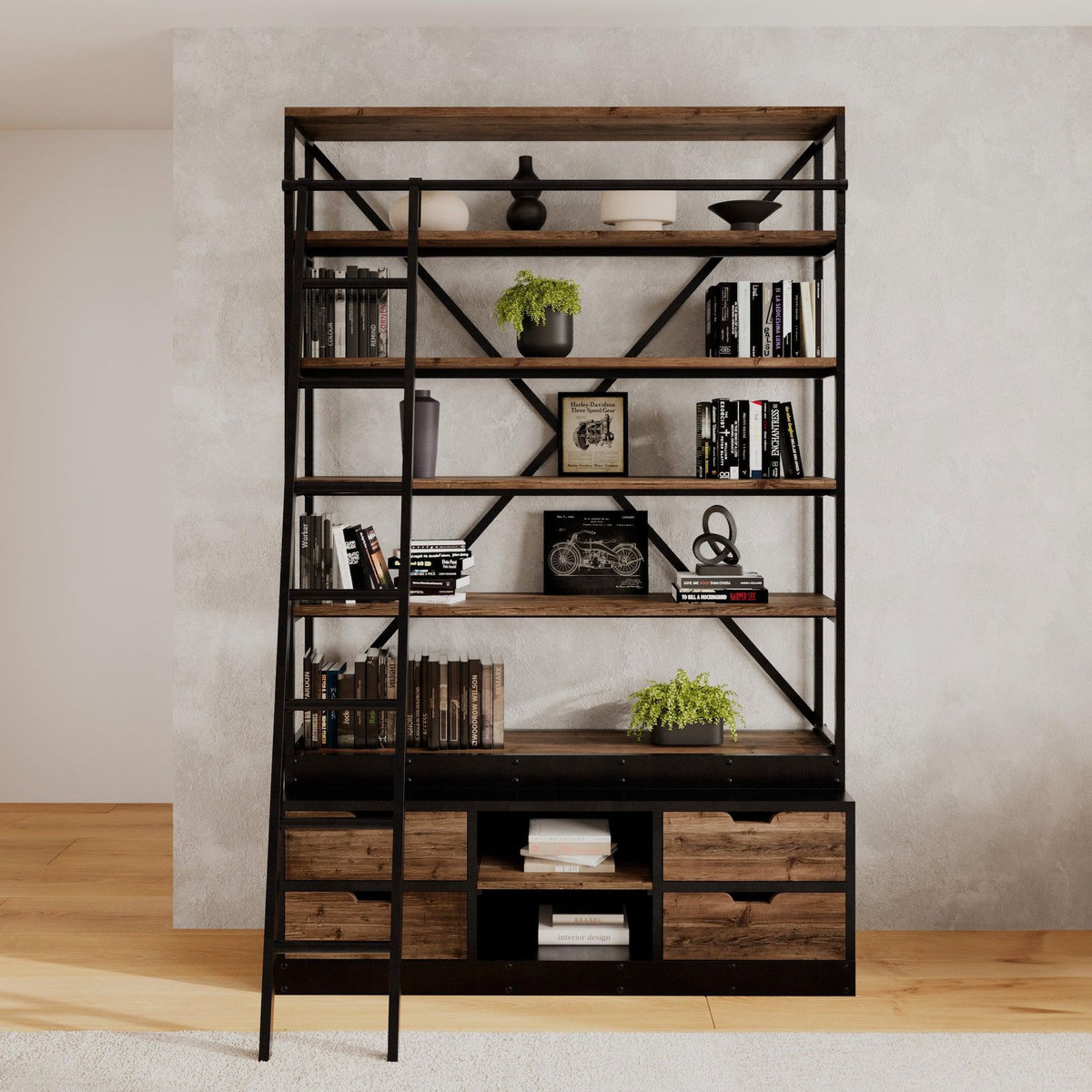 MAISON PAVANE Bibliothèque 160 cm en bois et métal avec échelle, 4 tiroirs-Kasi