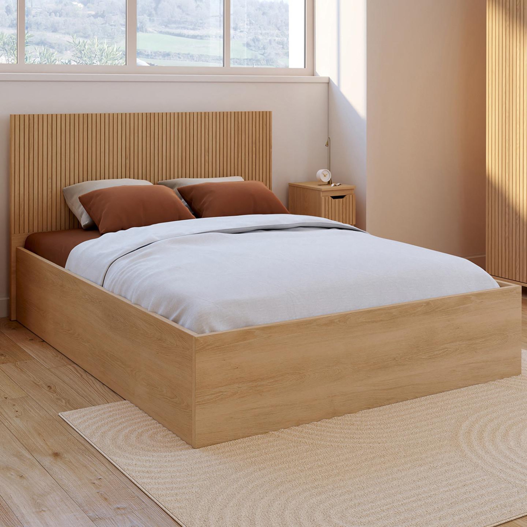 Voir la diapositive 2 : ID MARKET Lit coffre double seaside avec tête de lit juliette et sommier 140 x 190 cm effet lattes et bois