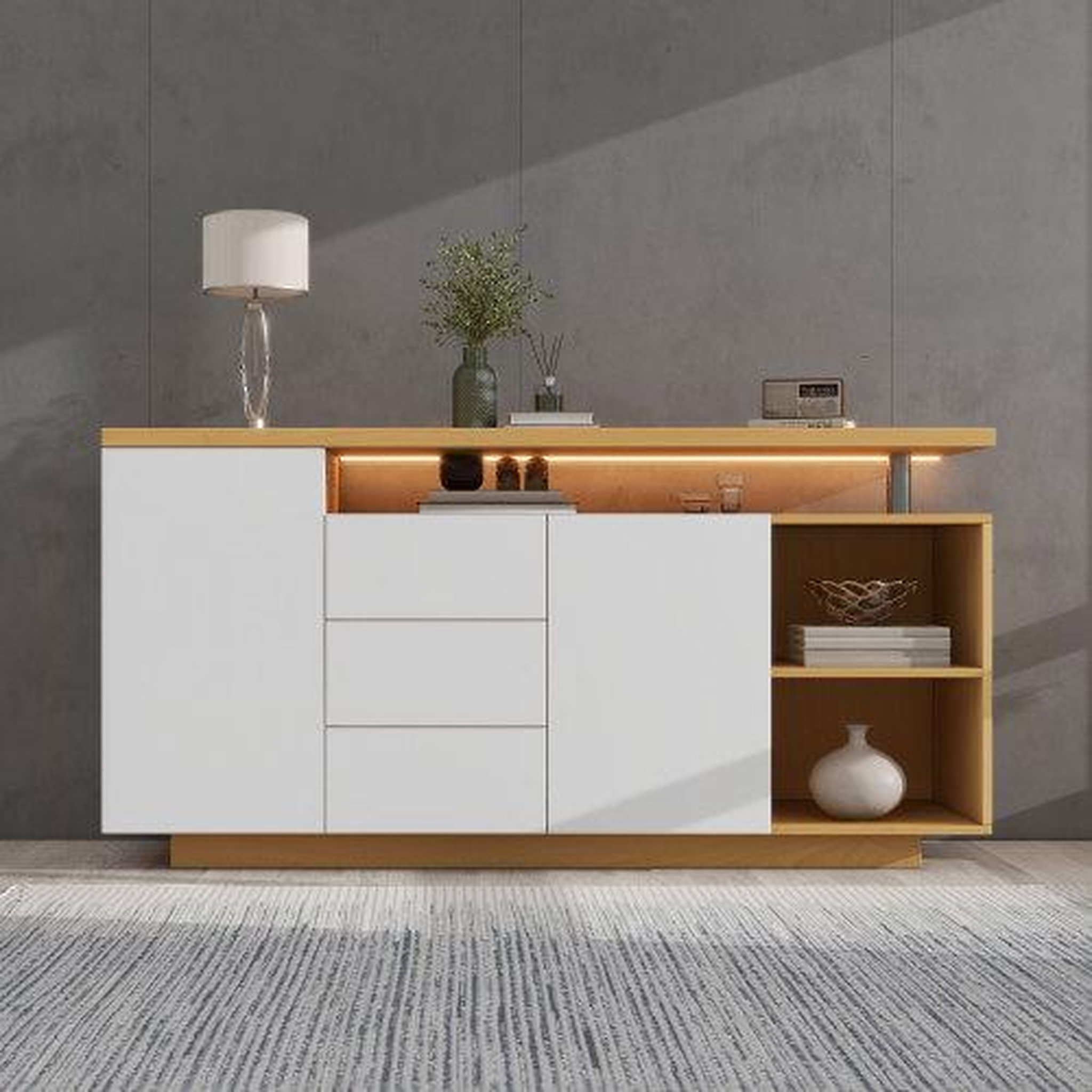 Voir la diapositive 2 : MERAX Buffet 2 porte(s) 3 tiroir(s) - 140 cm naturel+blanc led panneau de particules