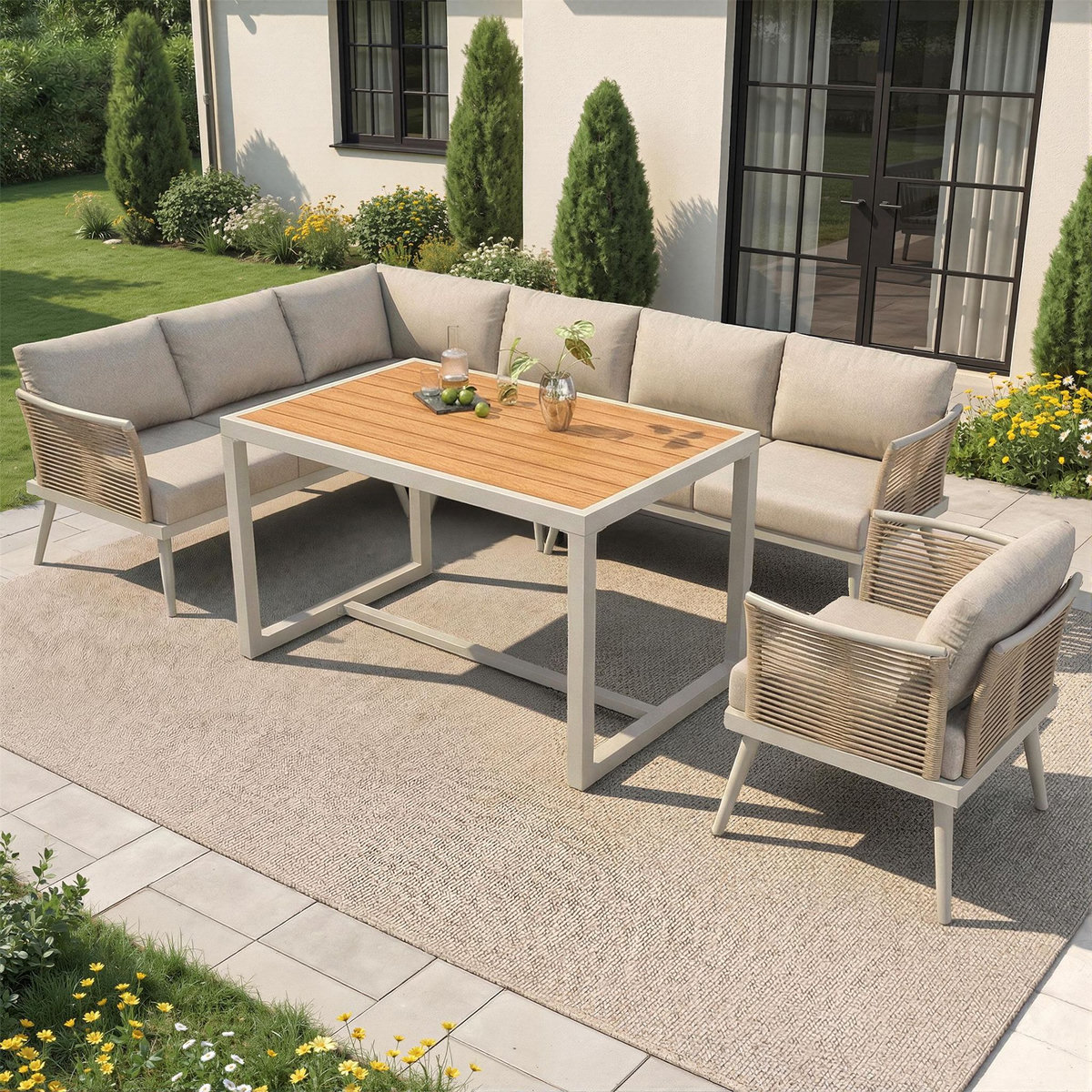 MERAX Salon de jardin repas 7 places en métal avec table, canapé d'angle et fauteuils
