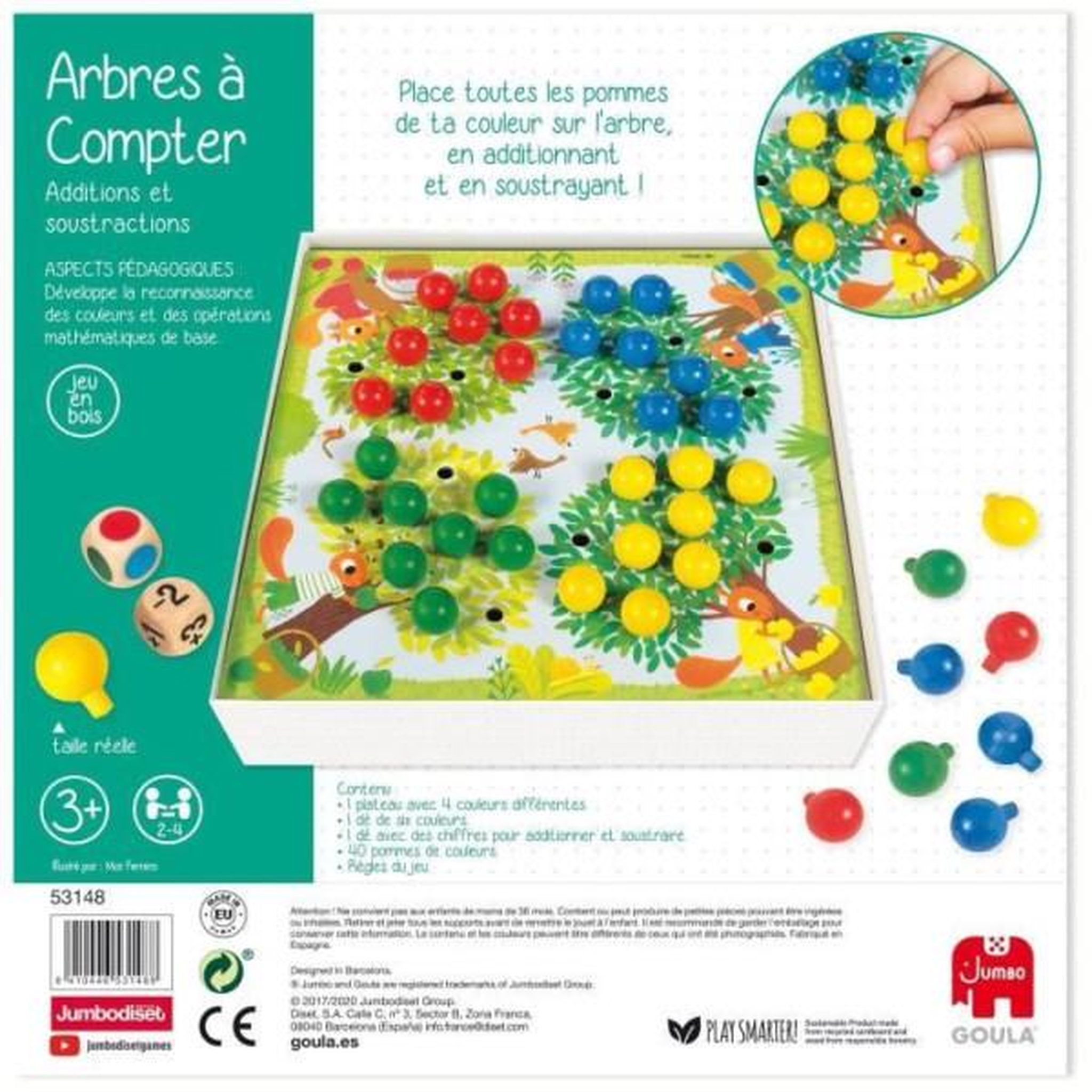 Voir la diapositive 3 : Goula Jeu éducatif - goula - arbres a compter - pommes en bois et dés