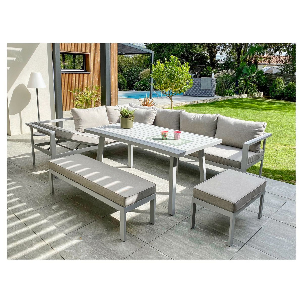 DCB GARDEN Salon de jardin 9 personnes en aluminium gris ANTALYA