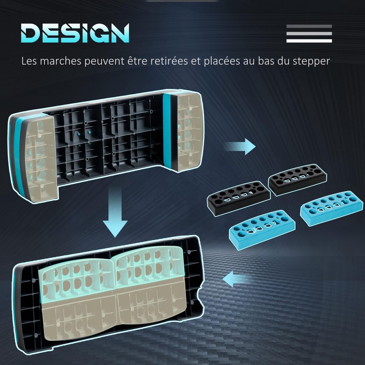 HOMCOM Stepper Fitness Aerobic hauteur reglable surface antiderapante dim. 78L x 28l x 10/15/20H cm PP noir bleu