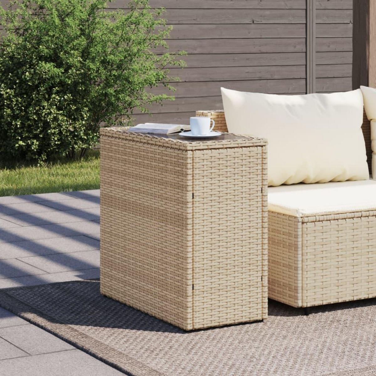 VIDAXL Table d'appoint de jardin avec dessus en verre beige rotin