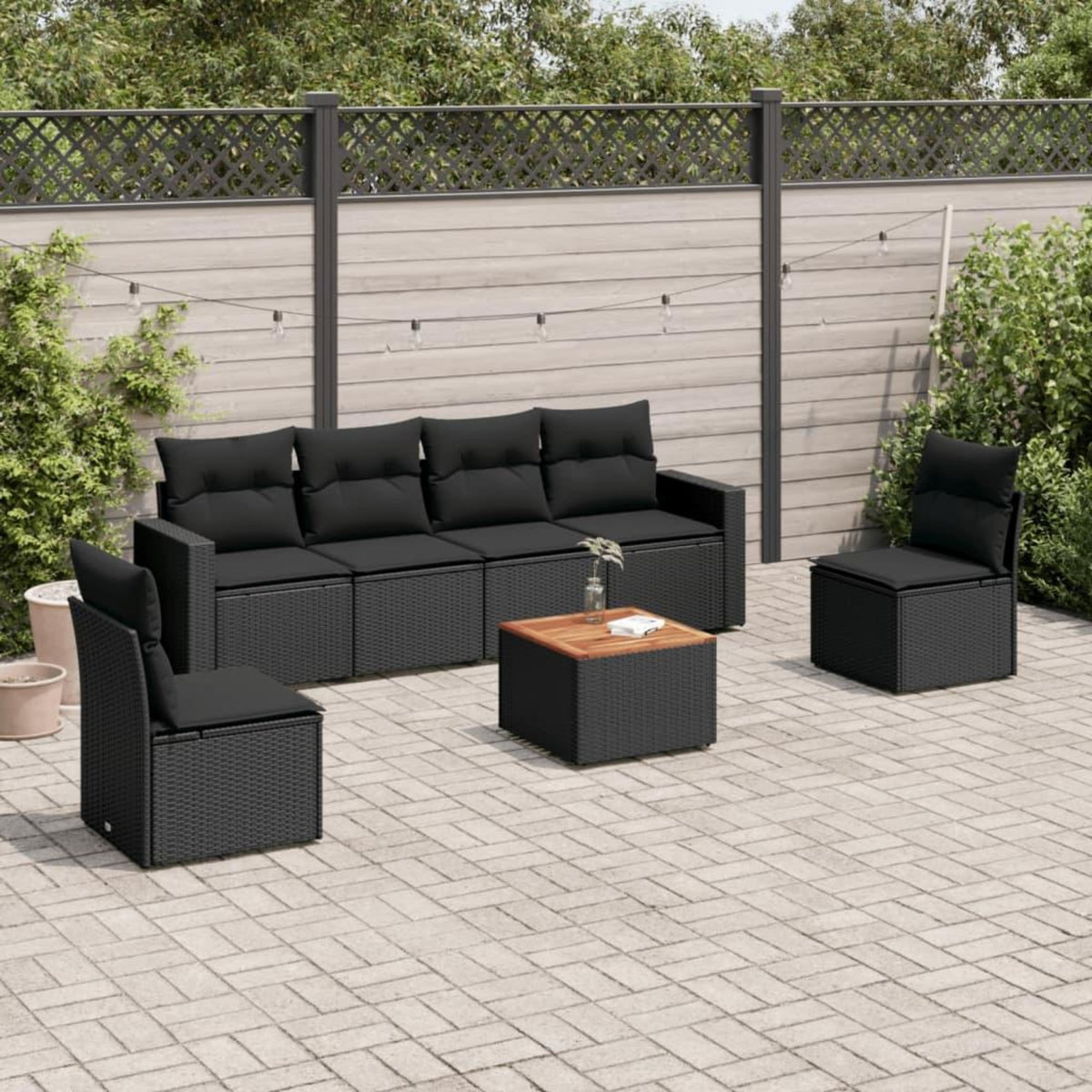 VIDAXL Salon de jardin 7 pcs avec coussins noir resine tressee