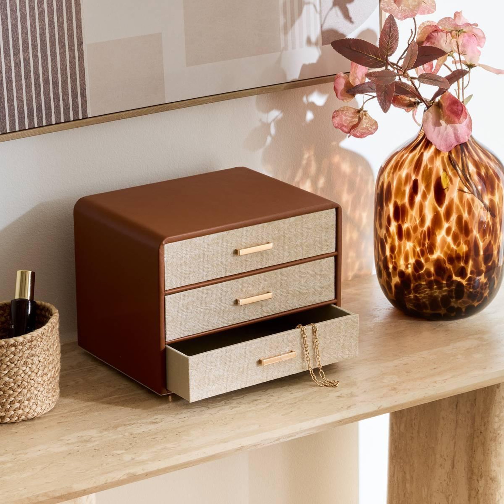 Voir la diapositive 6 : ATMOSPHERA Boîte de Rangement 3 Tiroirs  Whisky  24cm Camel