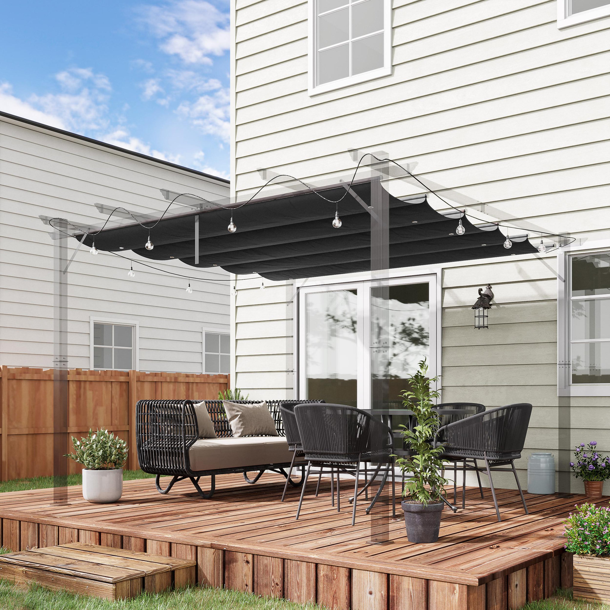 Voir la diapositive 2 : OUTSUNNY Toile de rechange pour pergola rétractable 3 x 3 m polyester haute densité 180 g/m² imperméabilisé gris