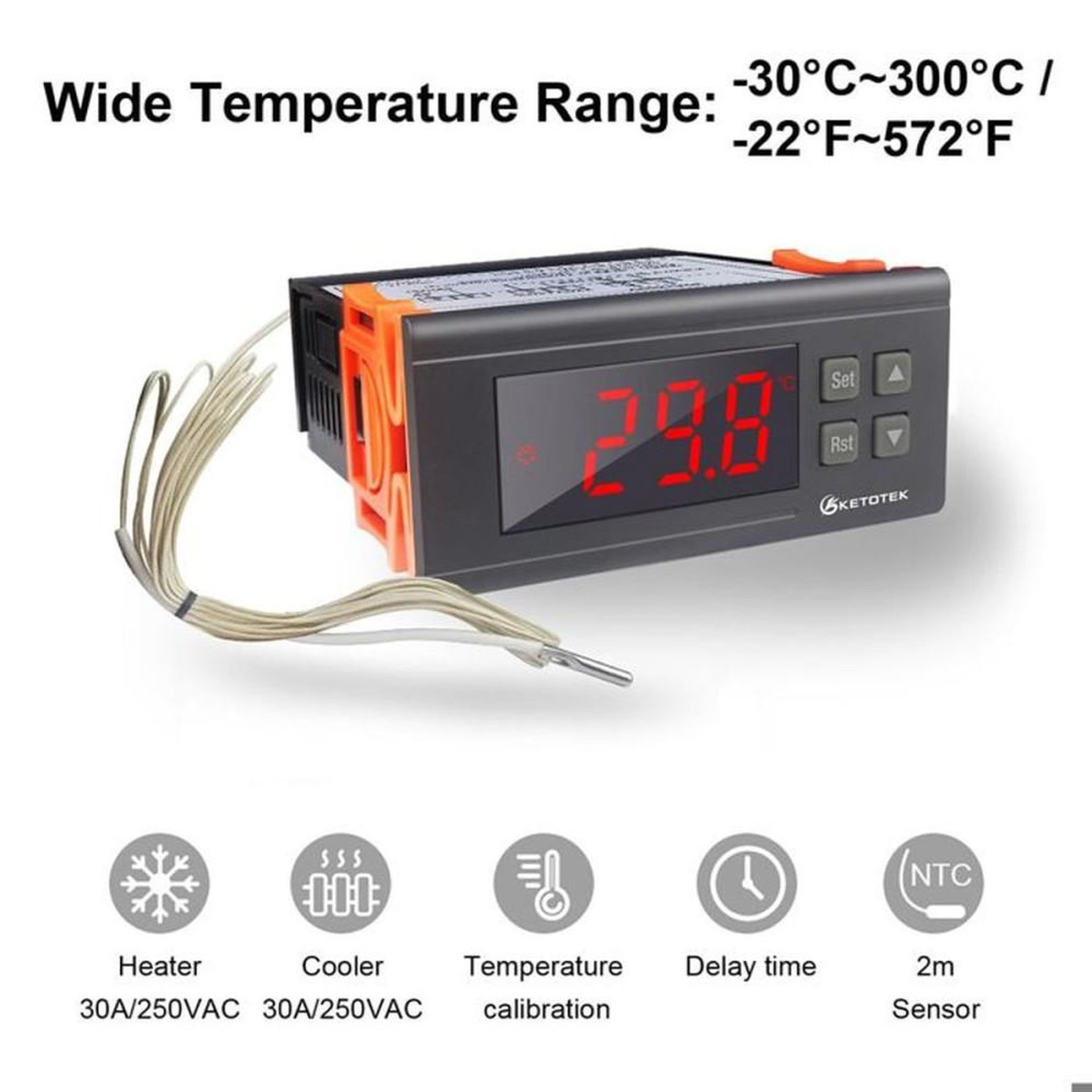 Voir la diapositive 3 : Thermostat régulateur digital avec sonde NTC 30°C à 300°C, affichage LED, précision ±1°C, 220V 30A