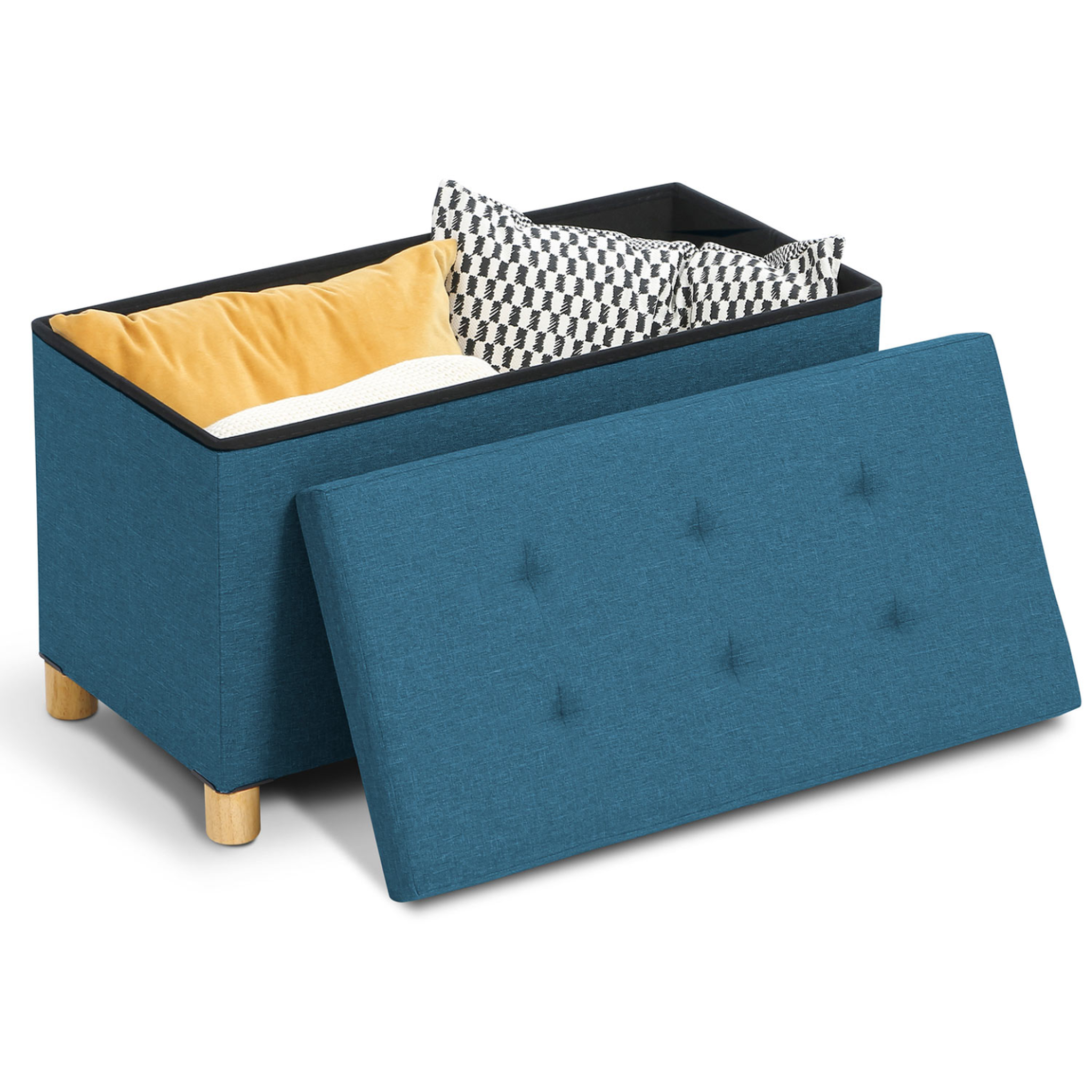 Voir la diapositive 4 : ID MARKET Banc coffre rangement sur pieds 76 cm tissu bleu canard