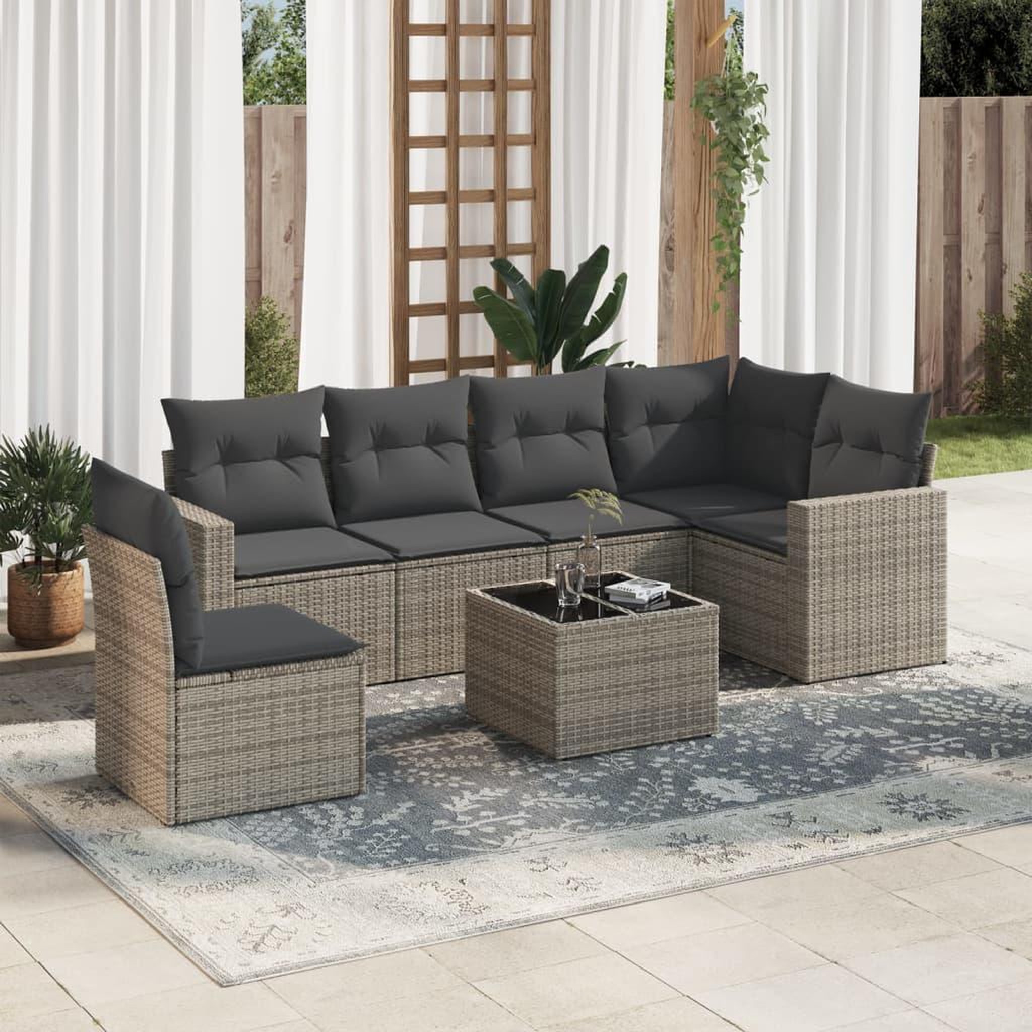VIDAXL Salon de jardin avec coussins 7 pcs gris resine tressee