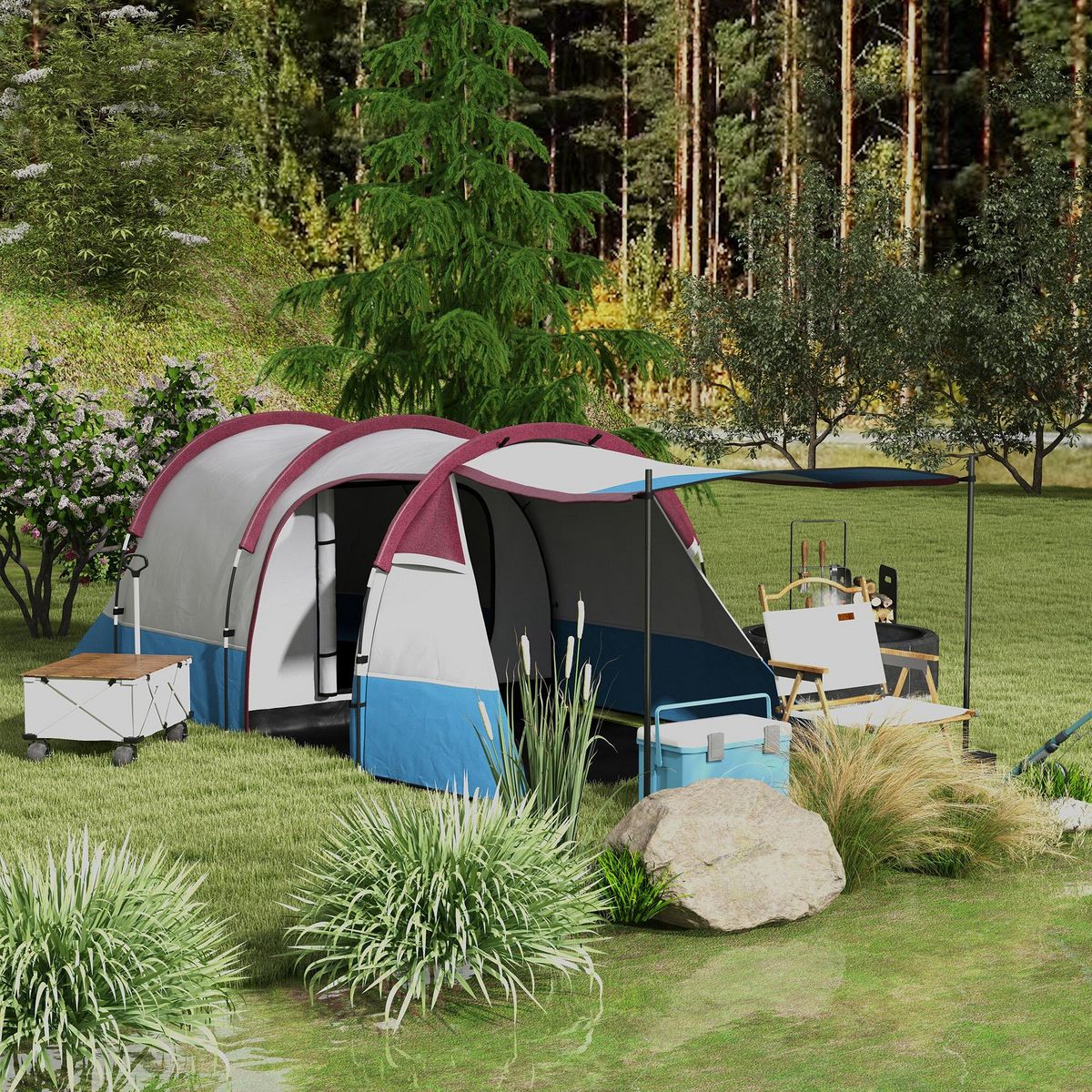 OUTSUNNY Tente de camping 2-3 pers. porche étanche 2000 mm 3 portes sac de transport rouge