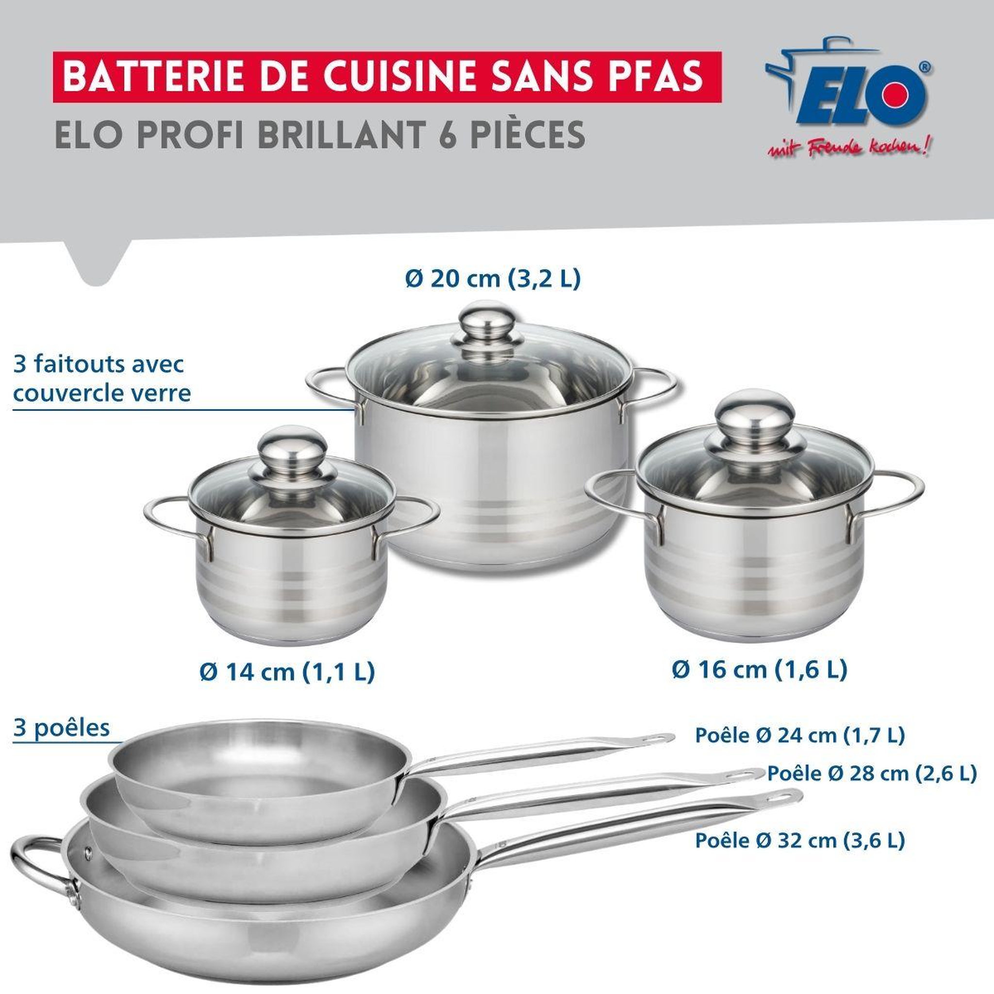 Voir la diapositive 2 : ELO Ensemble de 3 poêles de cuisson 24, 28 et 32 cm et 3 faitouts 14, 16 et 20 cm elo profi brillant