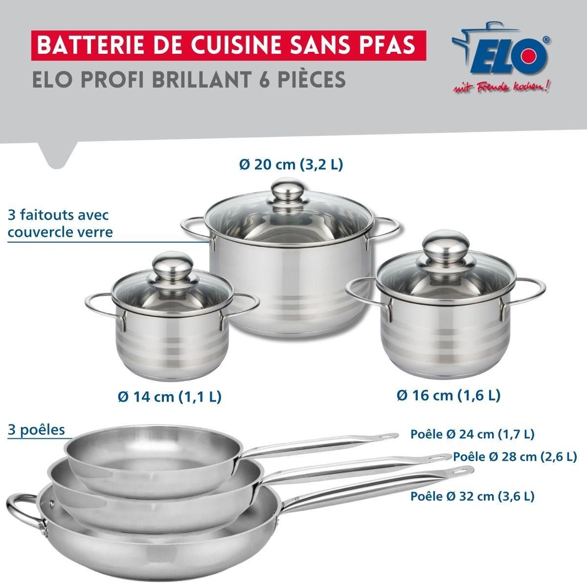 ELO Ensemble de 3 Poêles de cuisson 24, 28 et 32 cm et 3 faitouts 14, 16 et 20 cm Elo Profi Brillant
