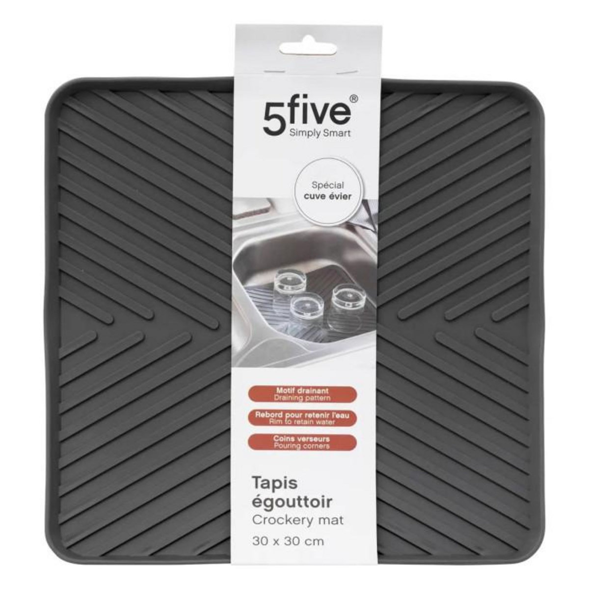 FIVE Tapis Egouttoir Fond d'Évier  Néo  30x30cm Gris
