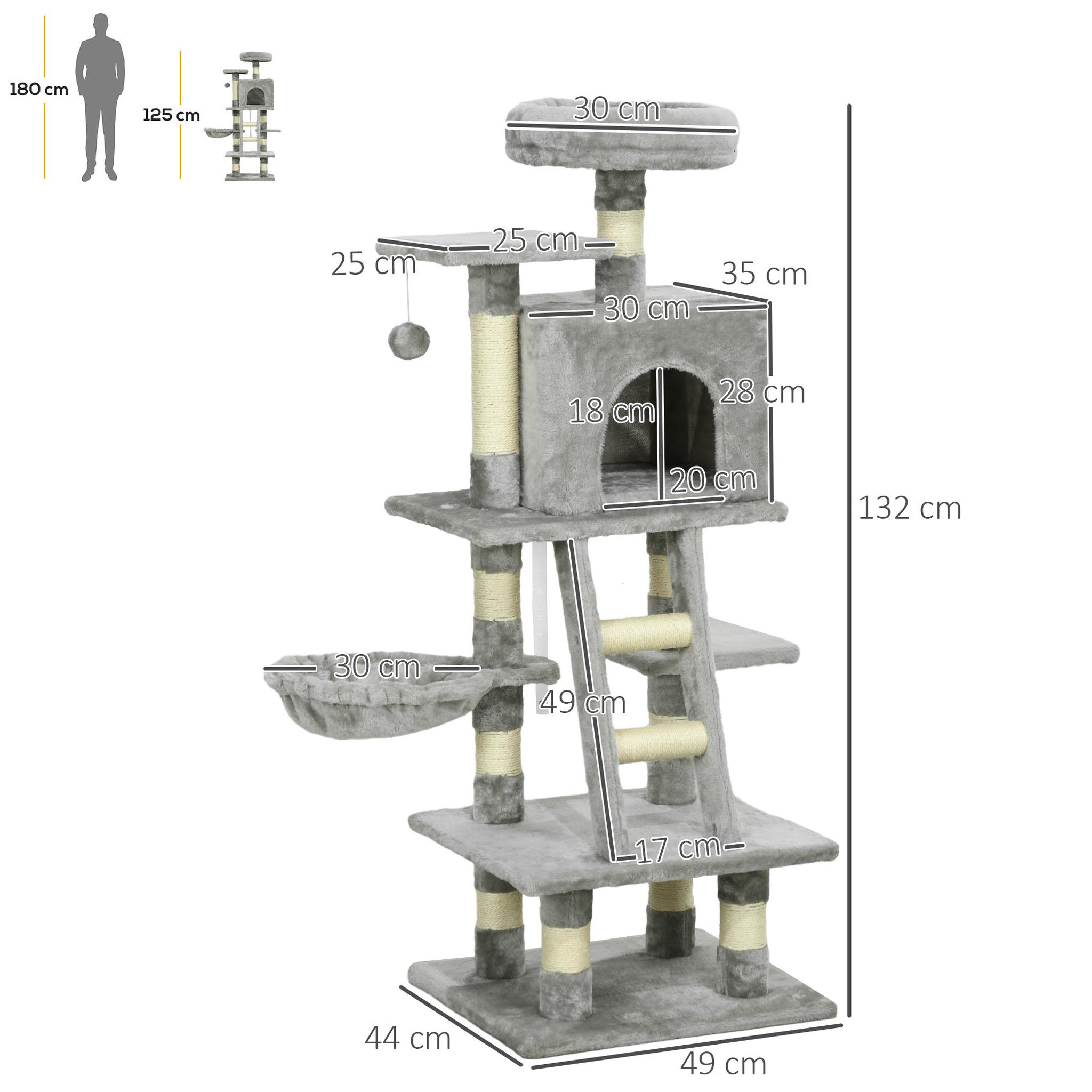 Voir la diapositive 3 : PAWHUT Arbre à chat multi-équipements griffoirs grattoirs niche plateformes + échelle + hamac + boule suspendue gris
