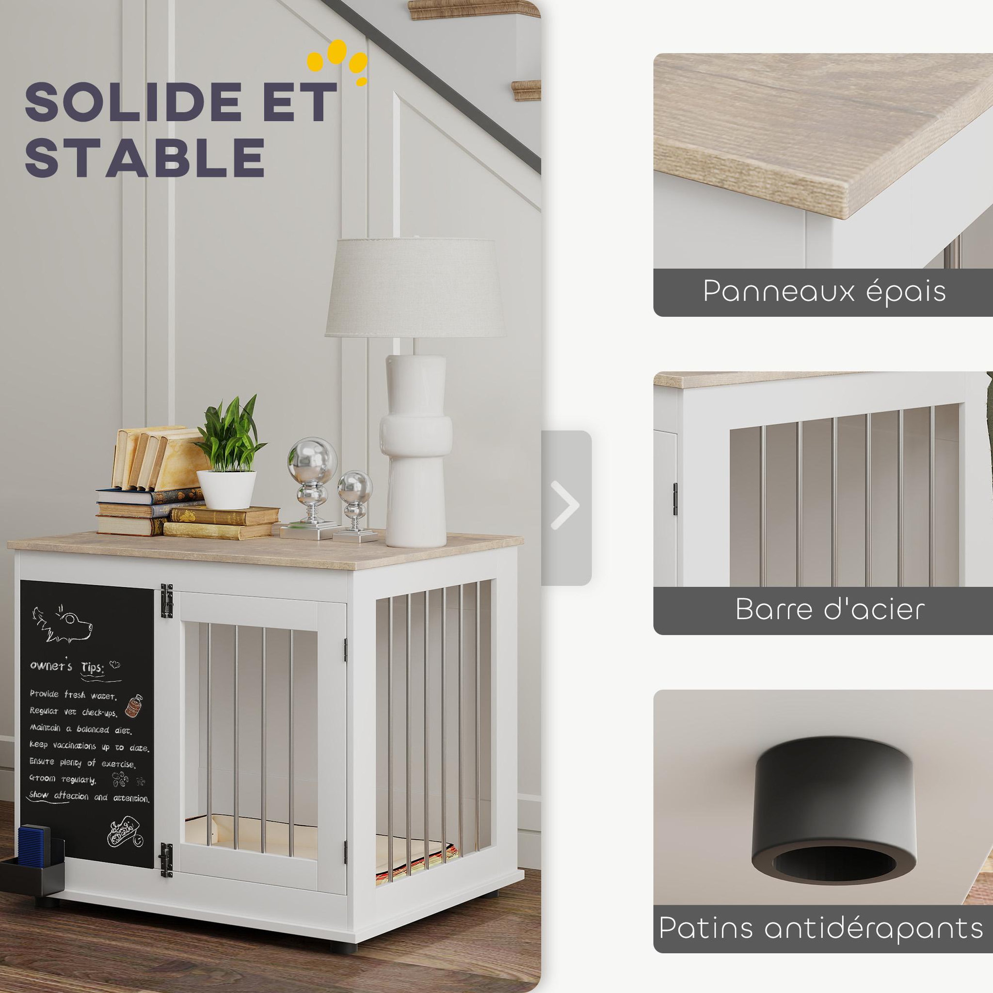 Voir la diapositive 6 : PAWHUT Cage pour chien intérieur - cage d'intérieur design - 2 portes - tableau noir pour craie - barreaux acier