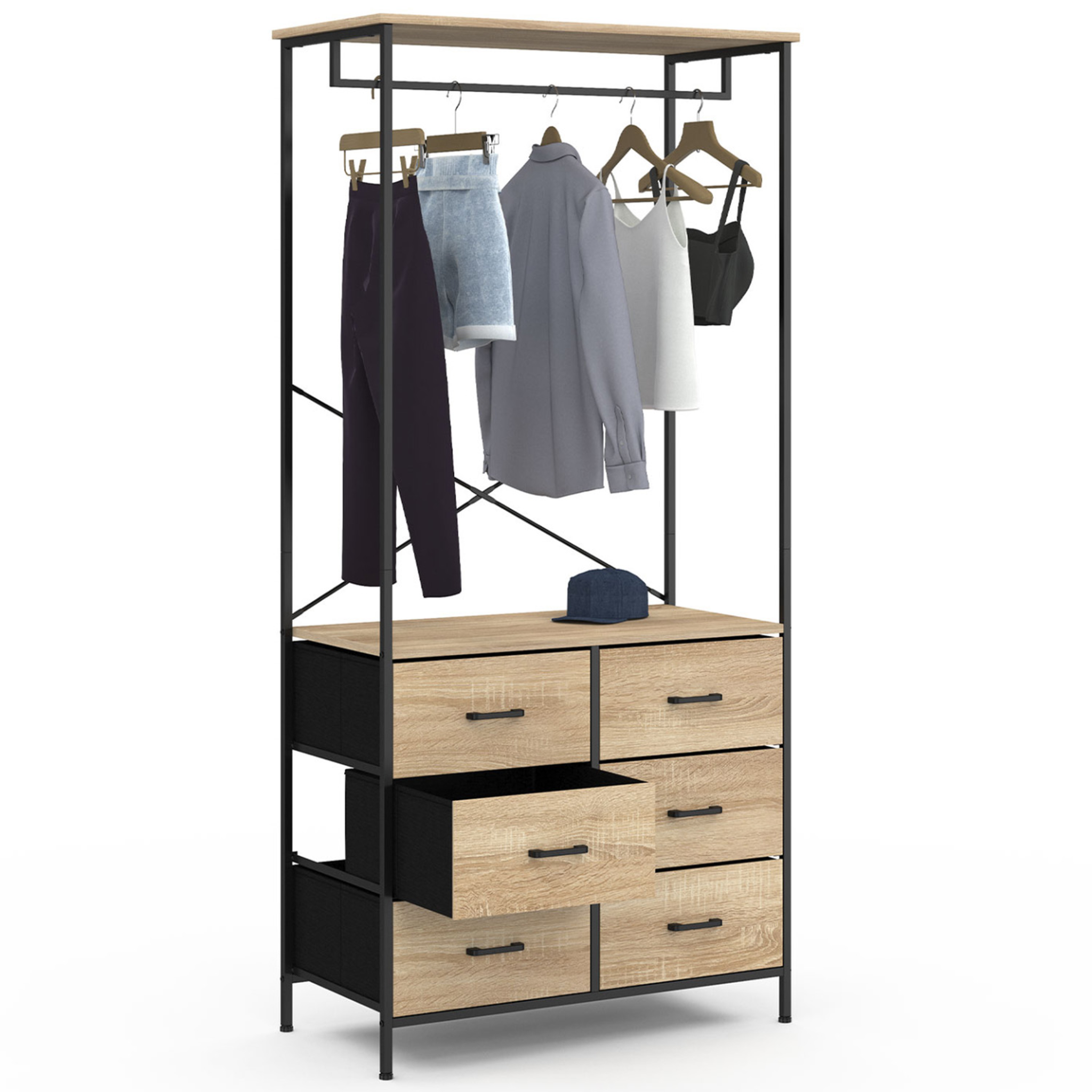 ID MARKET Dressing penderie l. 80 cm utah avec 6 bacs en tissu bois et noir