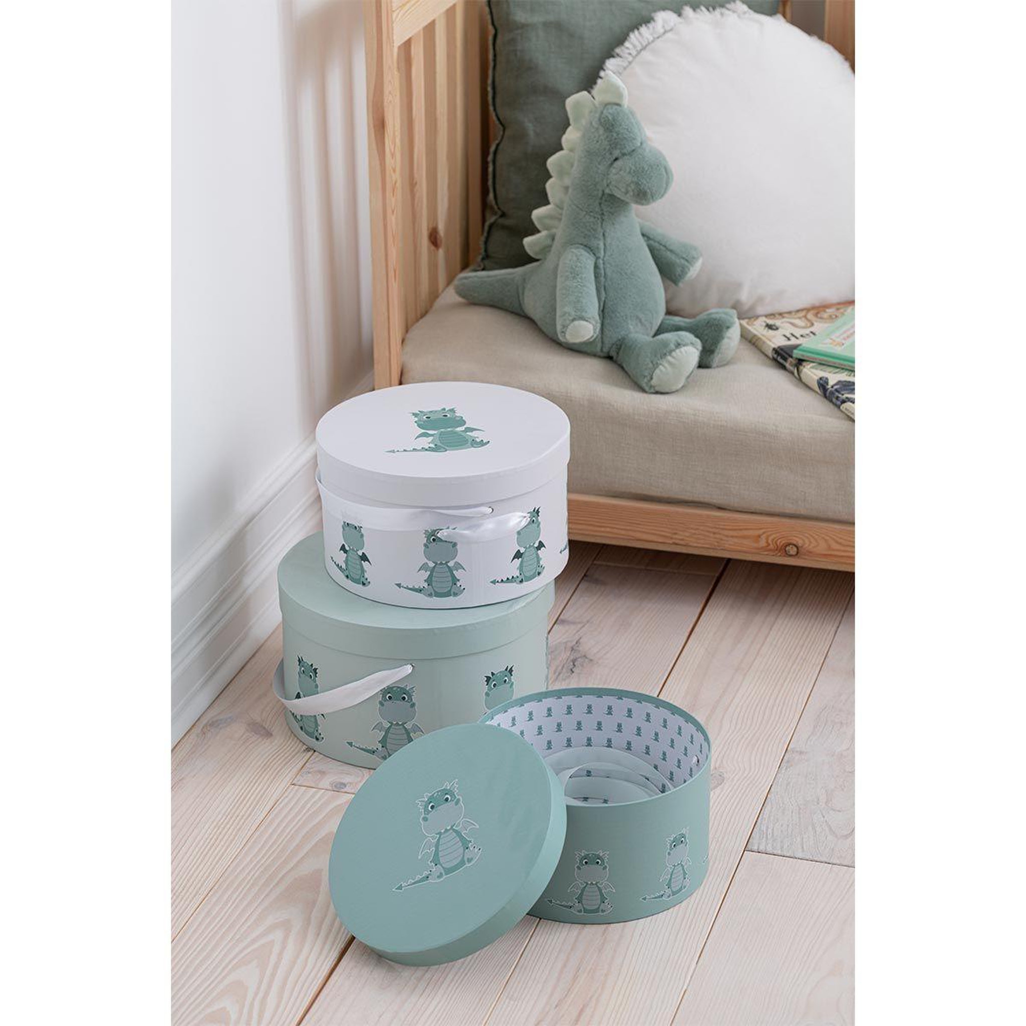 Voir la diapositive 5 : J-LINE Lot de 3 boîtes déco  dragon  32cm vert & blanc