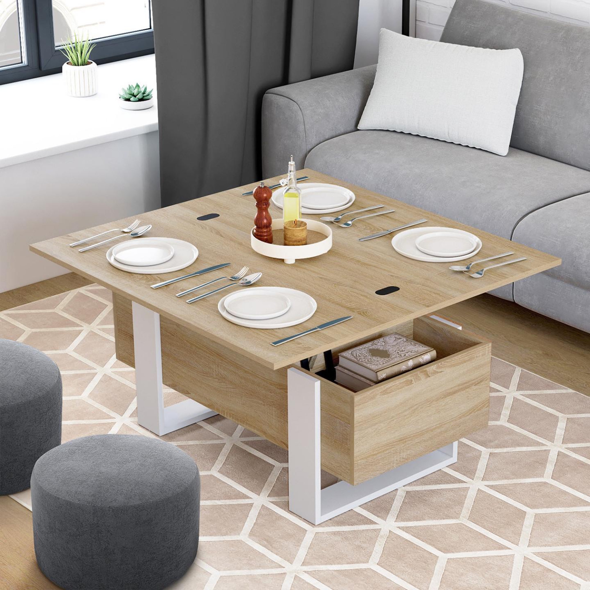 Voir la diapositive 2 : ID MARKET Table basse plateau relevable rectangulaire convertible en table à manger phoenix 97,5 cm bois et blanc