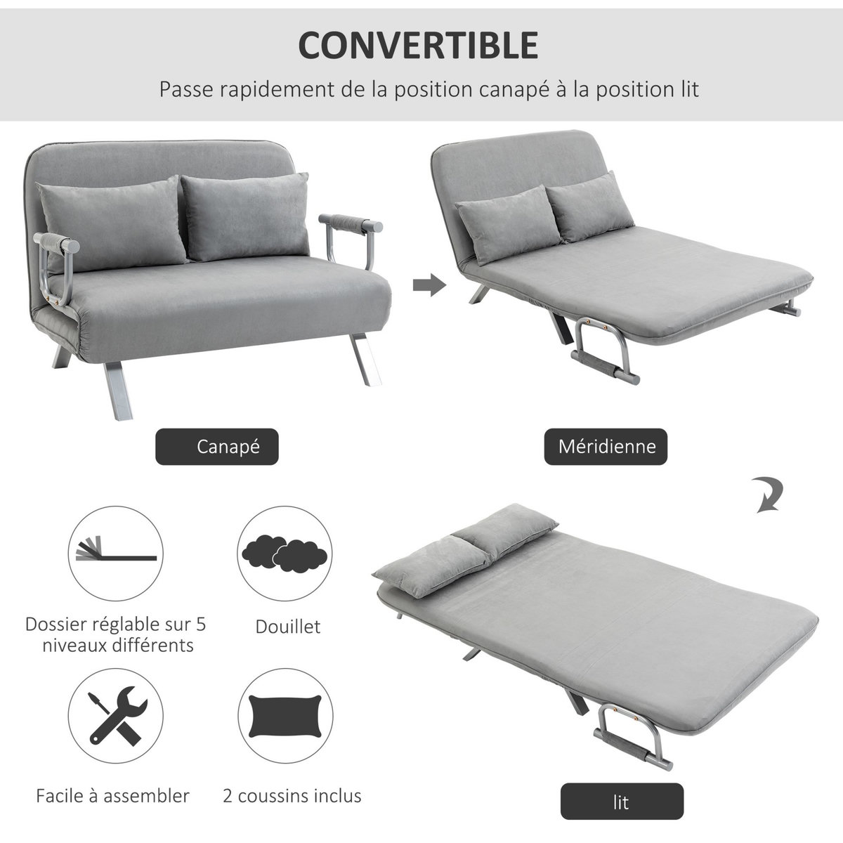 HOMCOM Canapé-lit canapé convertible 2 places déhoussable grand confort 2 coussins fournis pieds accoudoirs métal suède gris clair