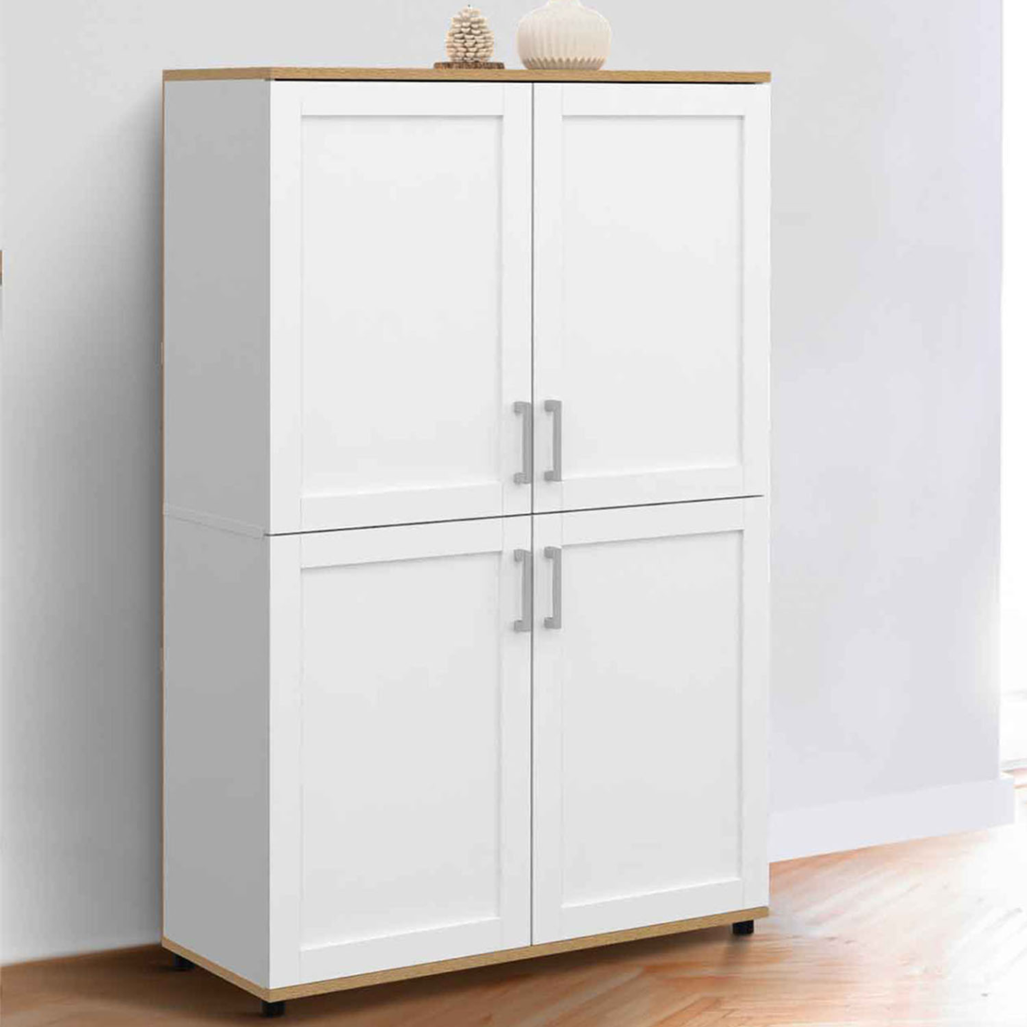 Voir la diapositive 2 : ID MARKET Buffet haut h. 125 cm vito 4 portes blanc et bois