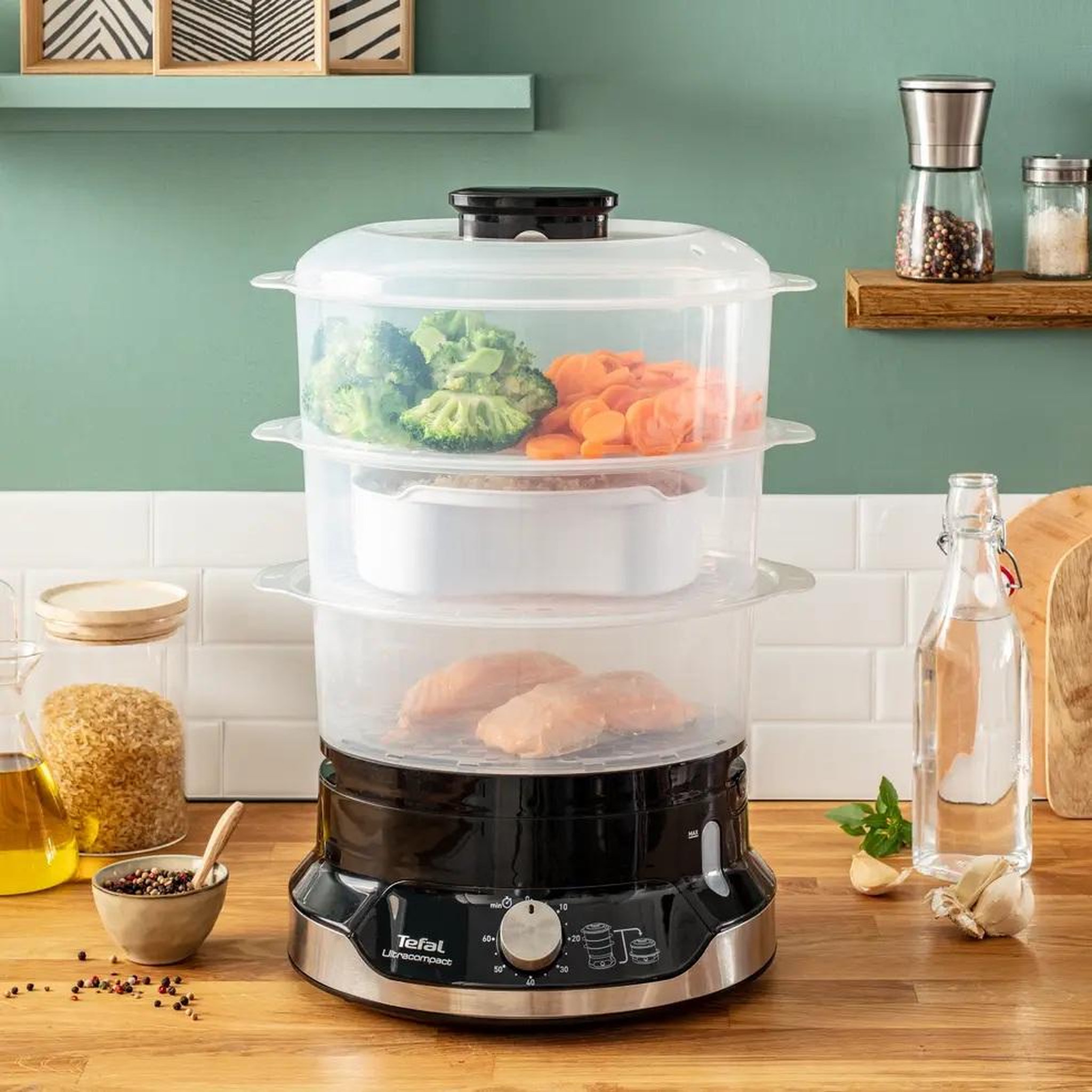 Voir la diapositive 2 : TEFAL Cuiseur vapeur 3 paniers 800w - vc204810