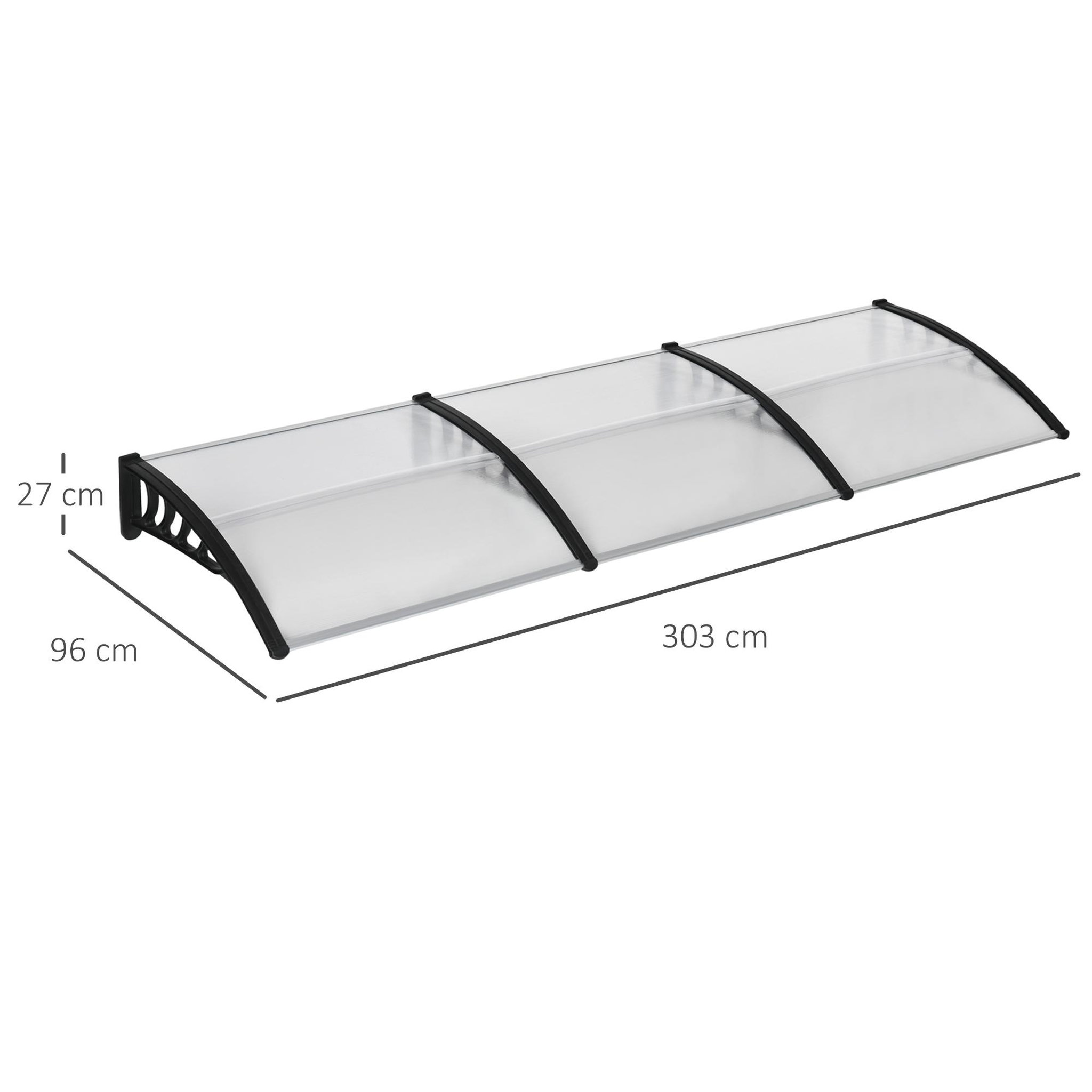 Voir la diapositive 3 : OUTSUNNY Auvent marquise de porte design voûté arrondi dim. 303L x 96l x 27H cm alu polycarbonate plastique noir