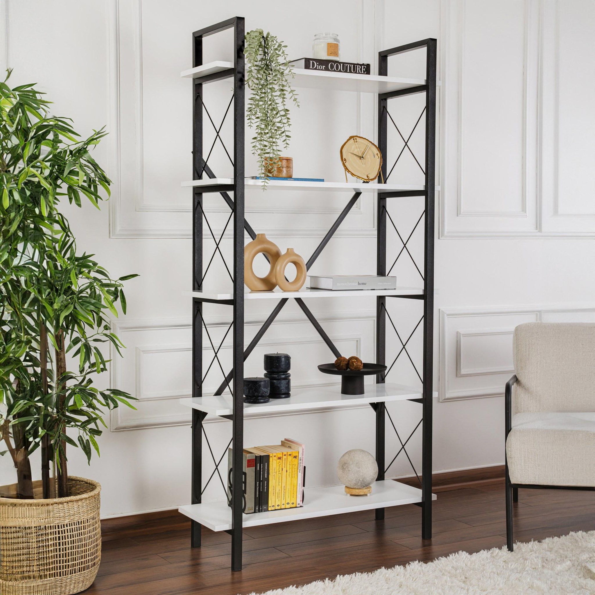 Voir la diapositive 2 : Habitat et Jardin Bibliothèque en bois  Elysian  - 90 x 33 x 180 cm - BlancNoir