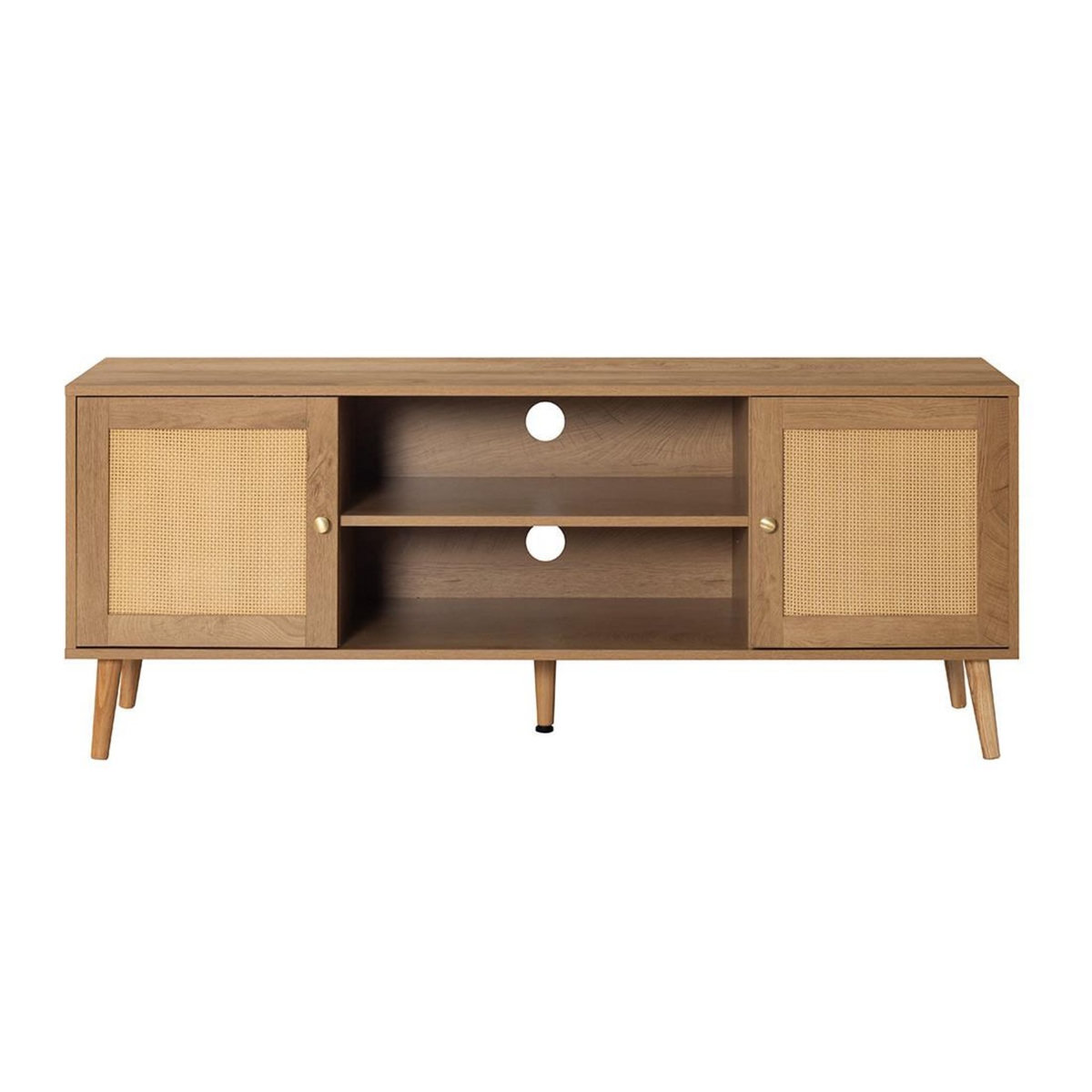 BEST MOBILIER Goto - meuble tv - effet bois et cannage - 2 portes et 2 niches - 140 cm