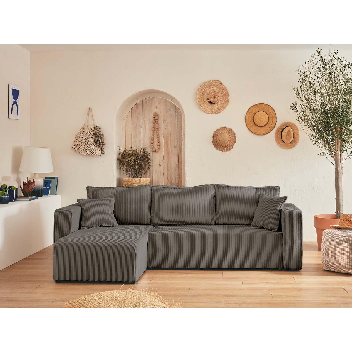 BEST MOBILIER Topaze - canapé d'angle réversible - 4 places - convertible avec coffre - en velours côtelé