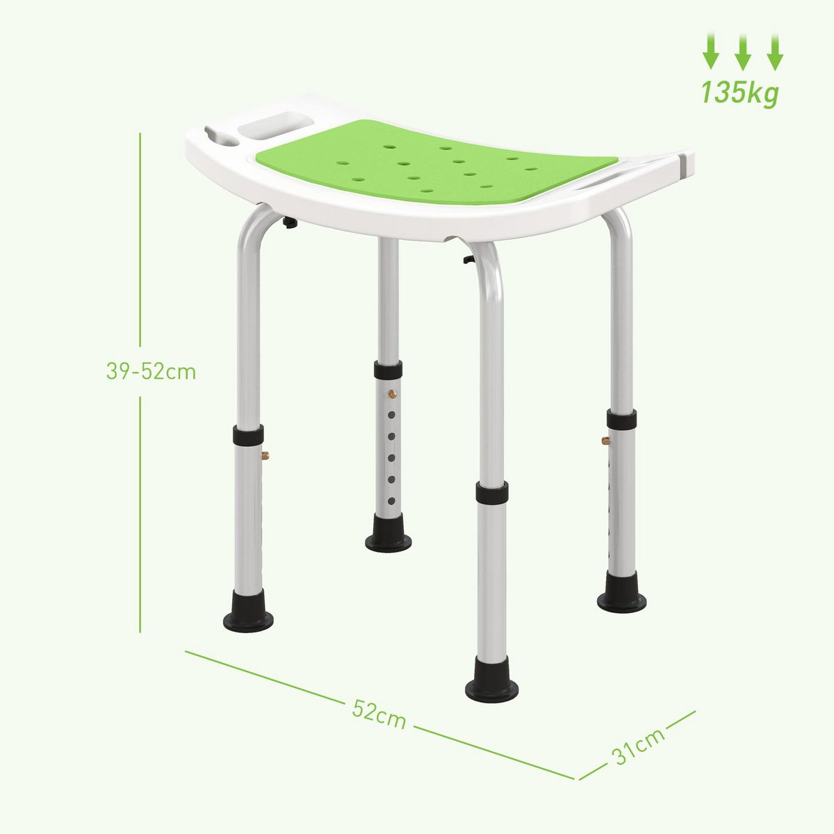 HOMCOM Siège de douche réglable en hauteur tabouret de douche ergonomique pieds antidérapants charge max. 135 Kg alu HDPE blanc vert