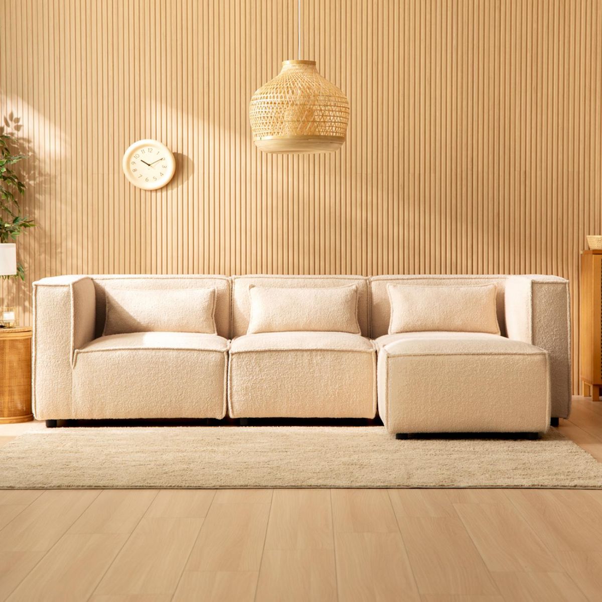 CONCEPT USINE Canapé modulable 3 places bouclette beige avec pouf MODULAR