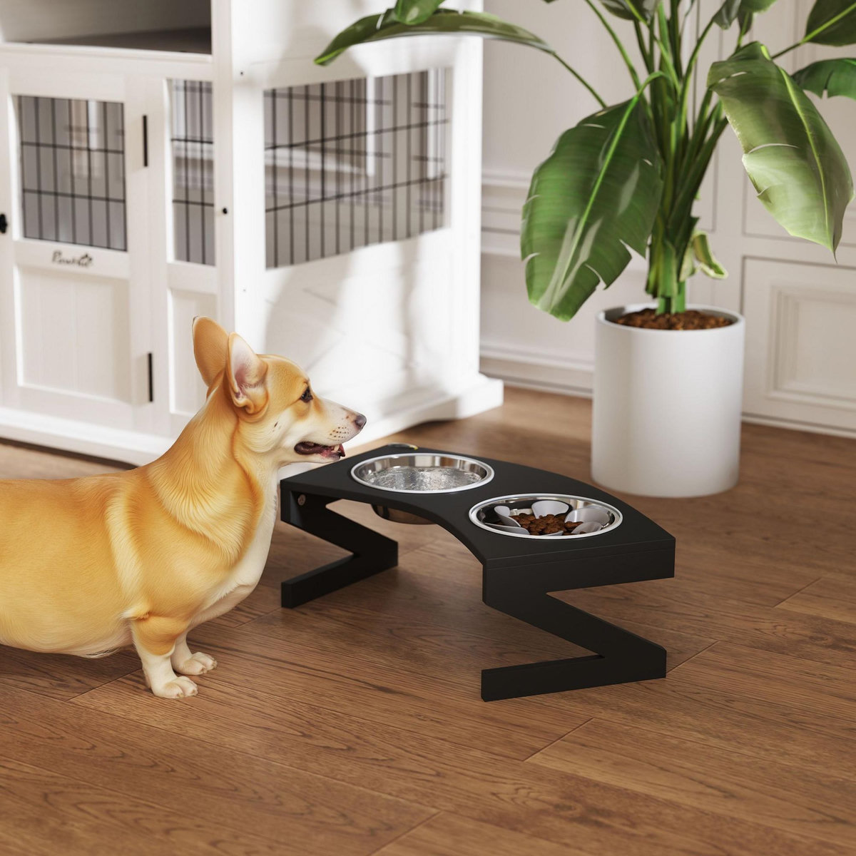 PAWHUT Porte-gamelles surélevé 2 écuelles une anti-glouton acier inox MDF noir