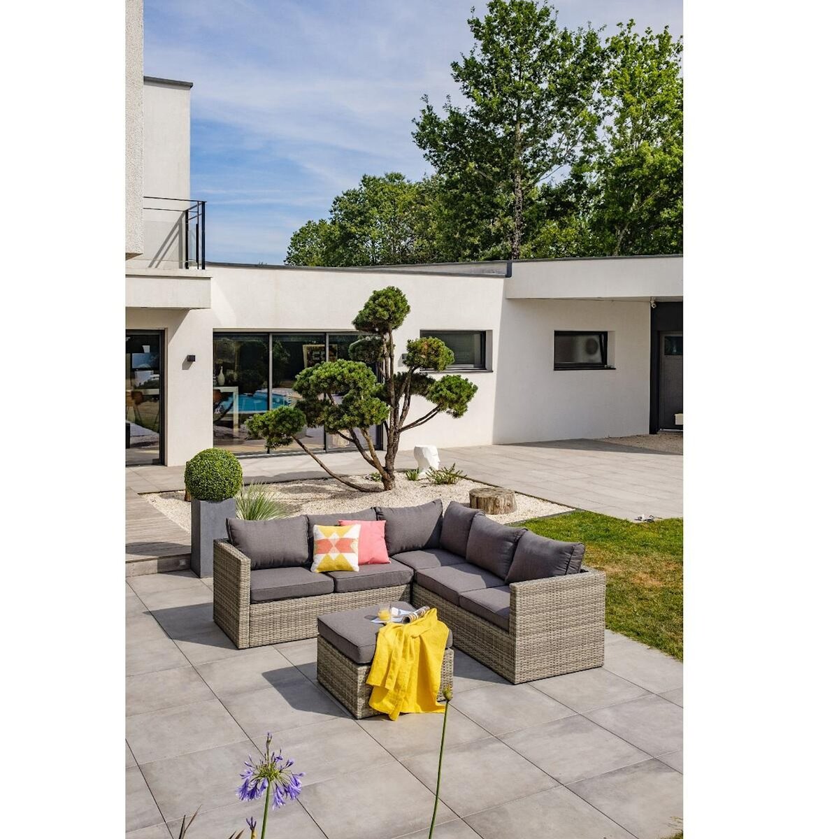 DCB GARDEN Salon bas de jardin - 5 places - résine tressée - gris - BONHEUR