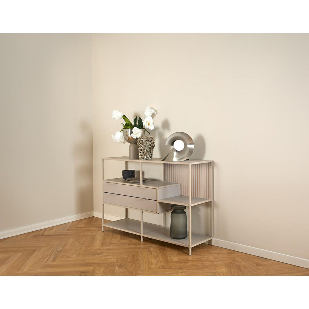 LISA DESIGN Anthea - étagère filaire métal avec plaquage en effet bois blanchi - avec tiroirs - 114 cm - gris