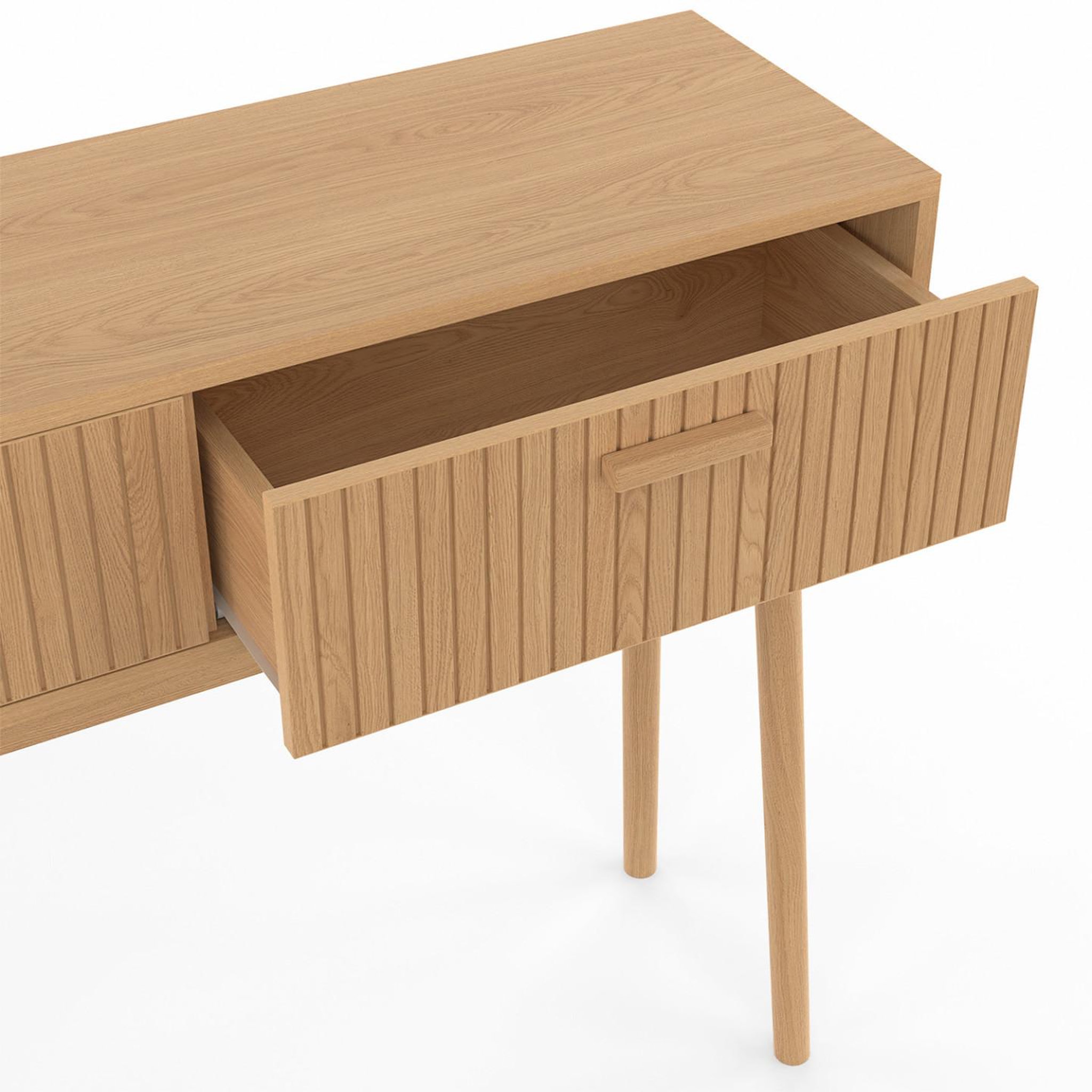 Voir la diapositive 6 : ID MARKET Console 2 tiroirs juliette lattes tasseau bois coloris chêne