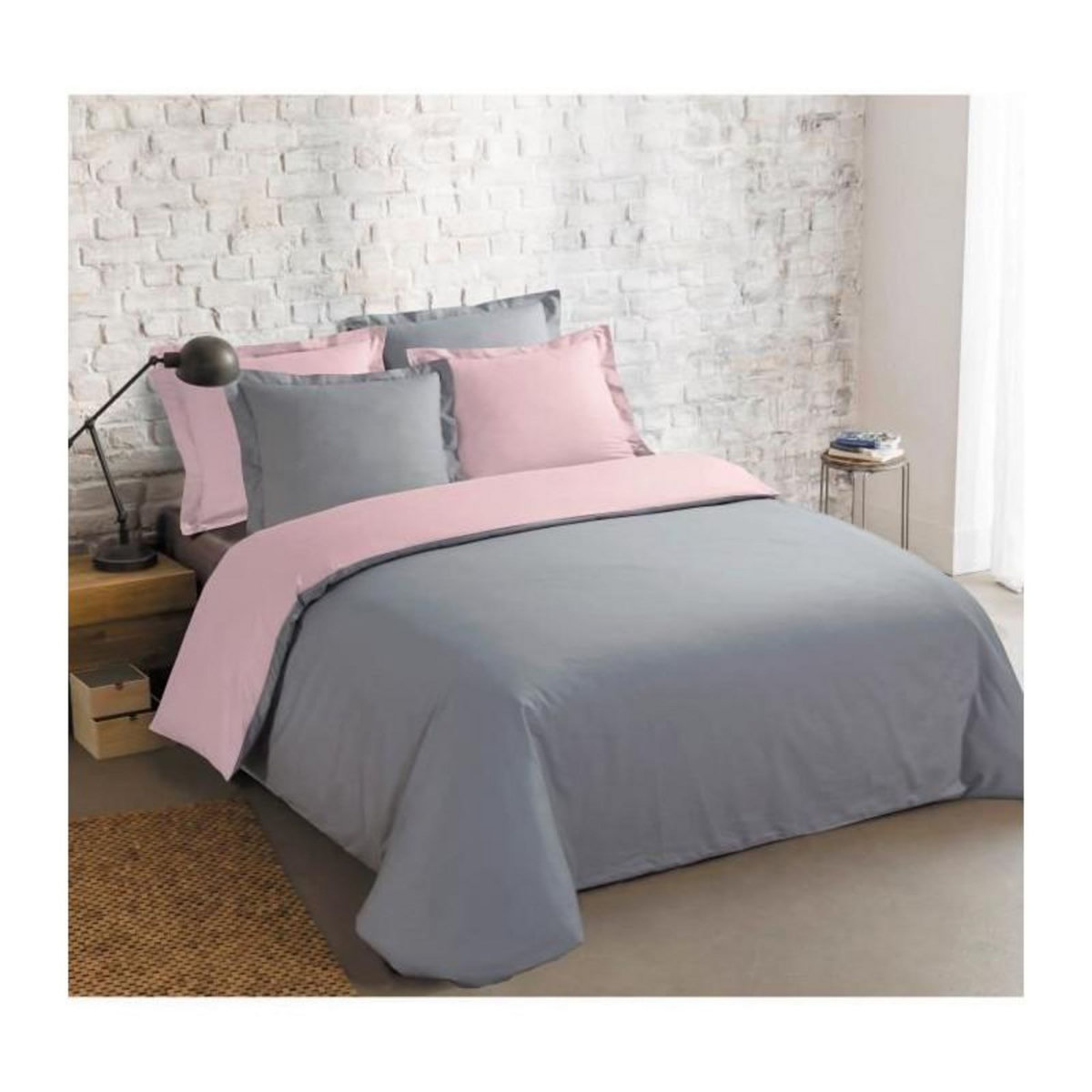VISION VISION - Bicolore - Housse de couette Réversible 240x220cm avec 2 taies 65x65cm - Gris/rose - 100% coton