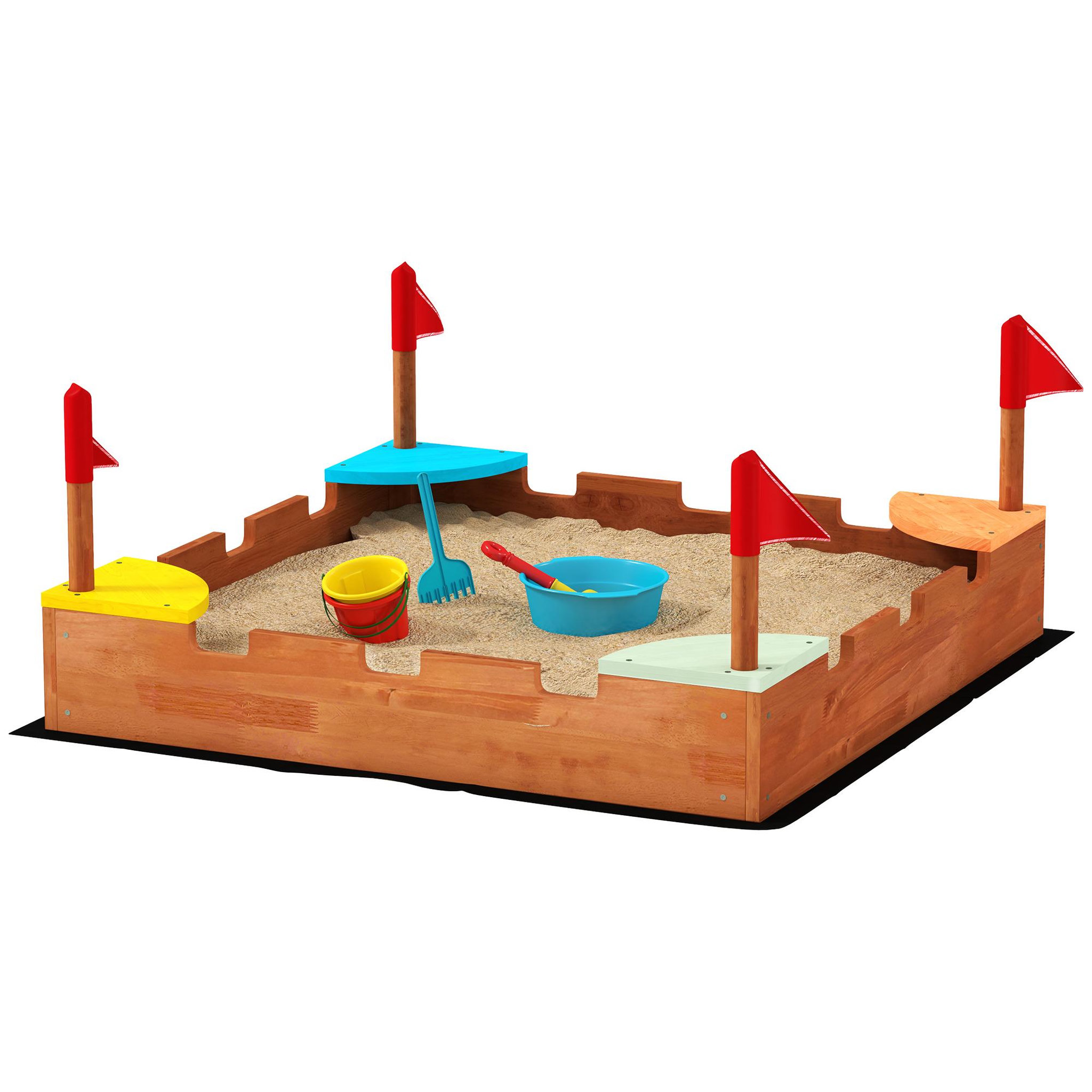 HOMCOM Bac à sable en bois design muraille - 4 drapeaux et sièges, doublure - dim. 90 x 90 x 17 cm - bois sapin pré-huilé