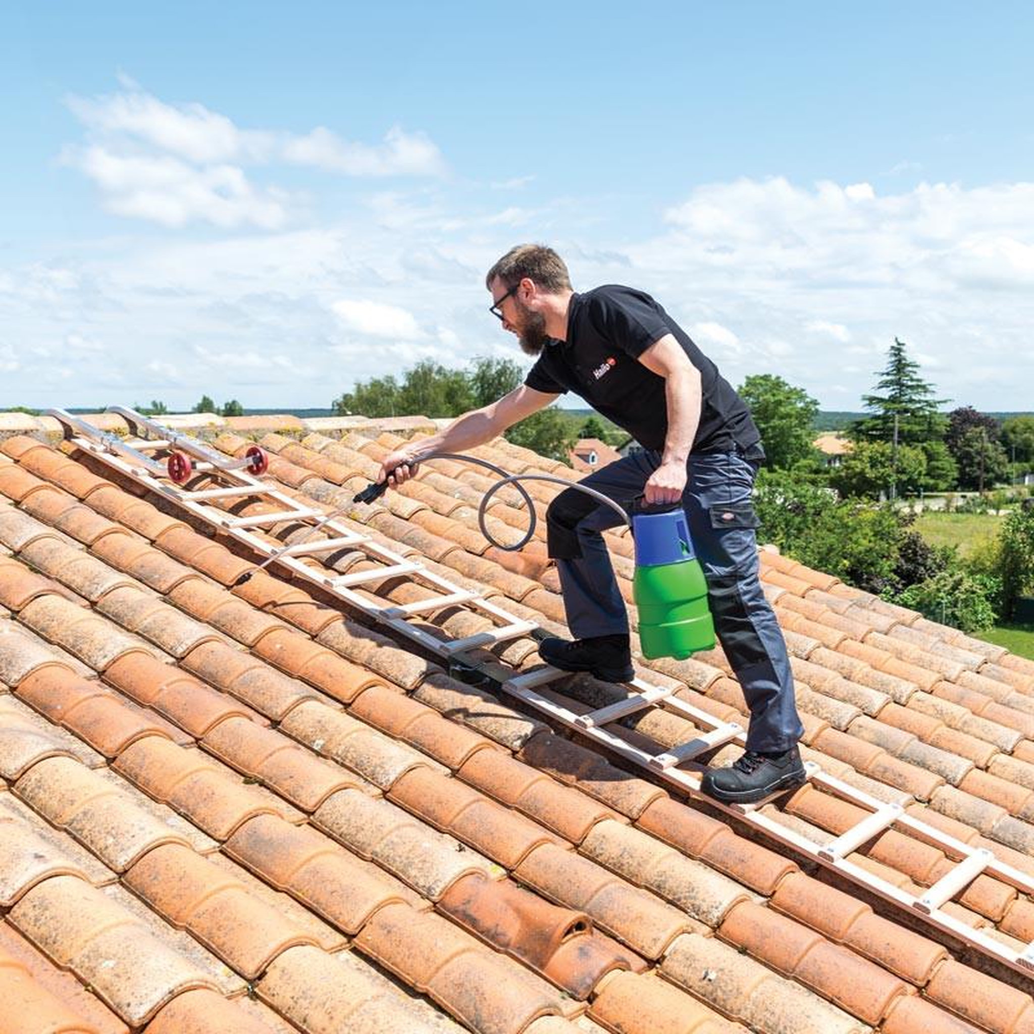 Voir la diapositive 4 : HAILO Echelle plate de toit en bois pour couvreur avec crochet de toit 4m hailo safety roof