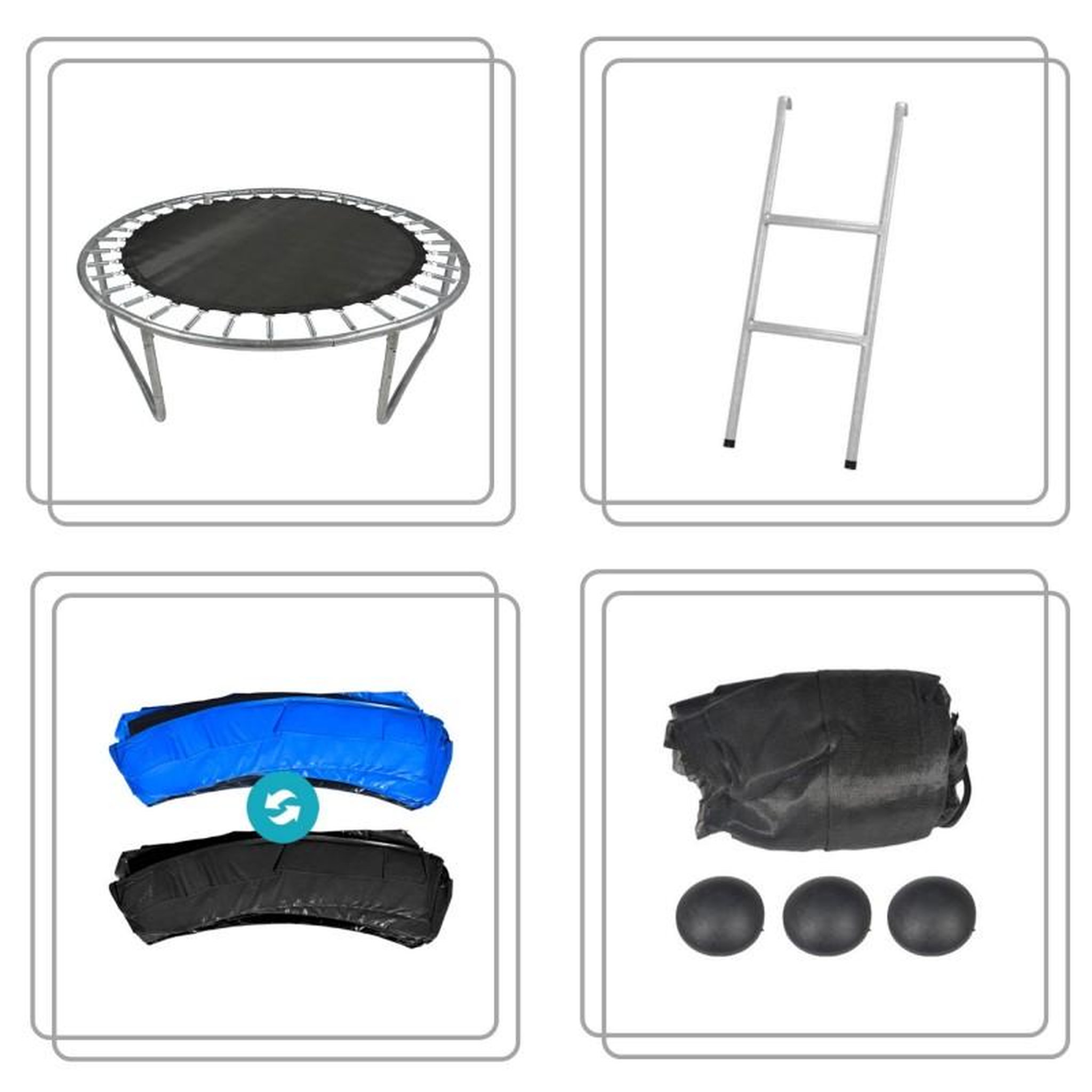 Voir la diapositive 4 : PLAY4FUN Trampoline extérieur Classique 8Ft ø244cm avec coussin de protection réversible Bleu/Noir, Echelle et Filet de sécurité