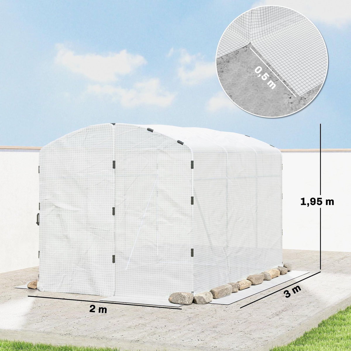 OUTSUNNY Serre tunnel de jardin 6 m² porte bâche PE haute densité 220g/m² blanc