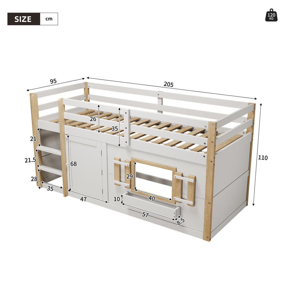MERAX Lit combiné enfant 90x200 cm coloris blanc bois massif