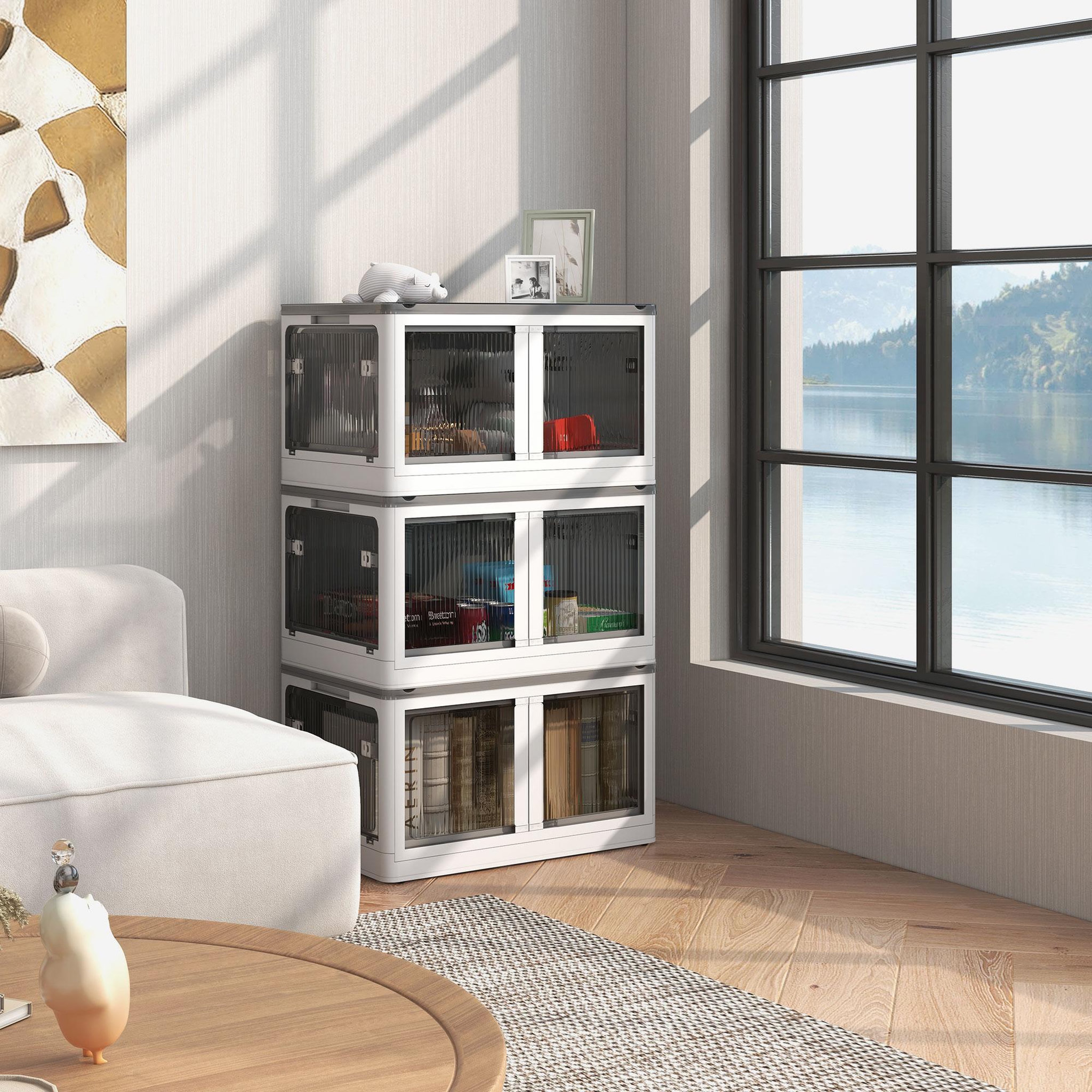 Voir la diapositive 2 : HOMCOM Ensemble de 3 boîtes de rangement 69L pliables empilables - couvercle, roulettes - blanc gris