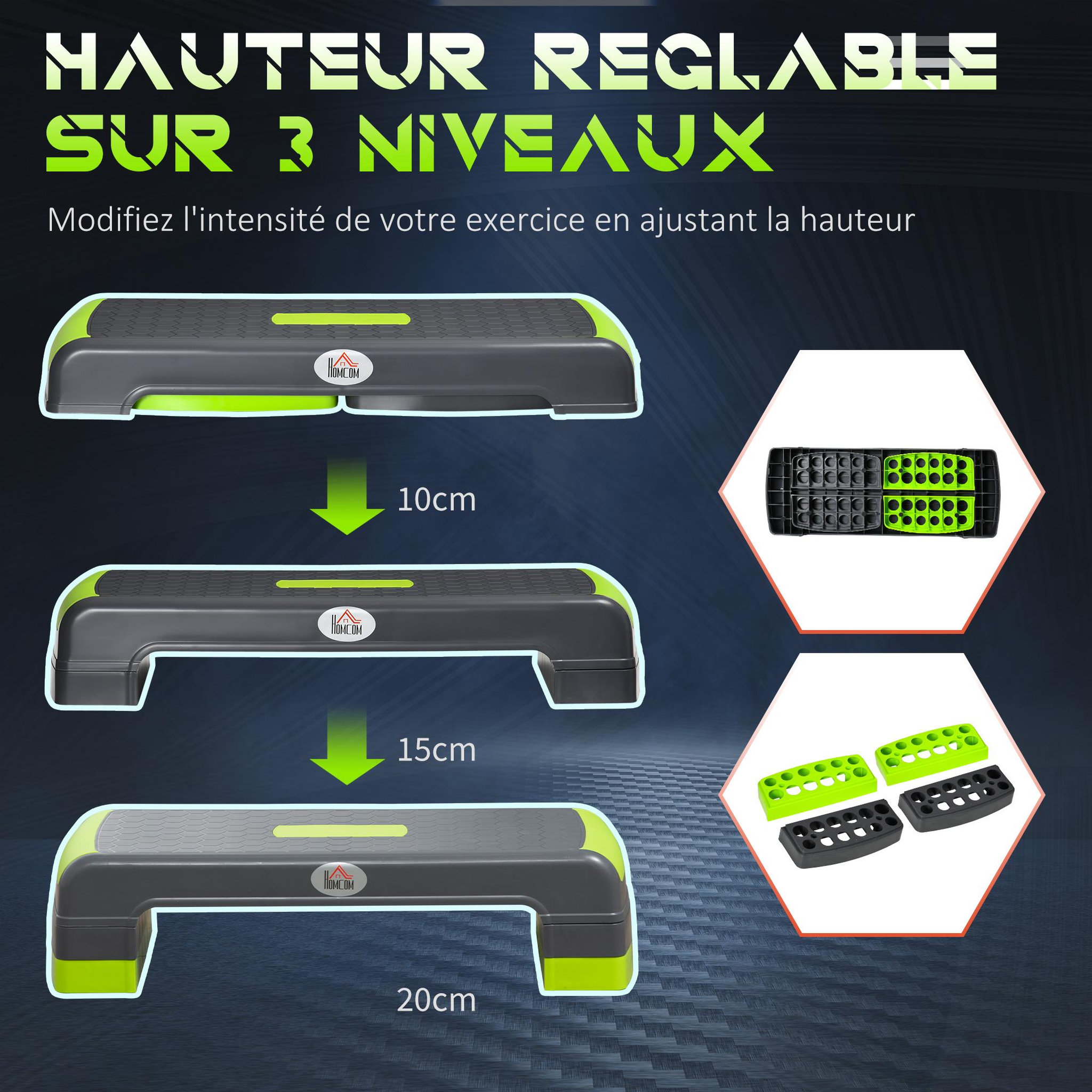 Voir la diapositive 4 : HOMCOM Stepper fitness aerobic hauteur reglable surface antiderapante dim. 78l x 28l x 10/15/20h cm pp noir vert